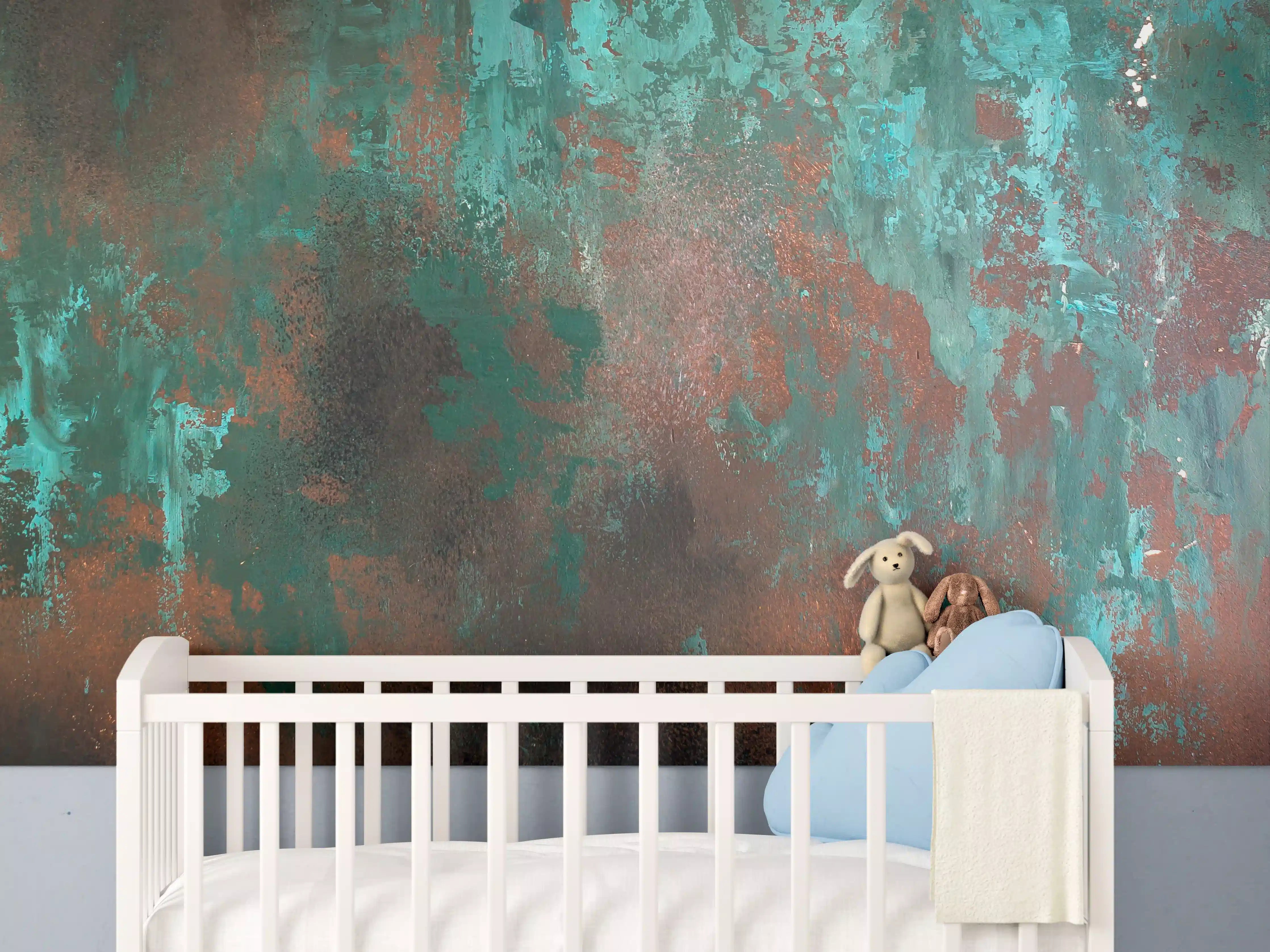 Babyzimmer Wandgestaltung - Türkis-Braune Metall-Oberfläche mit Patina
