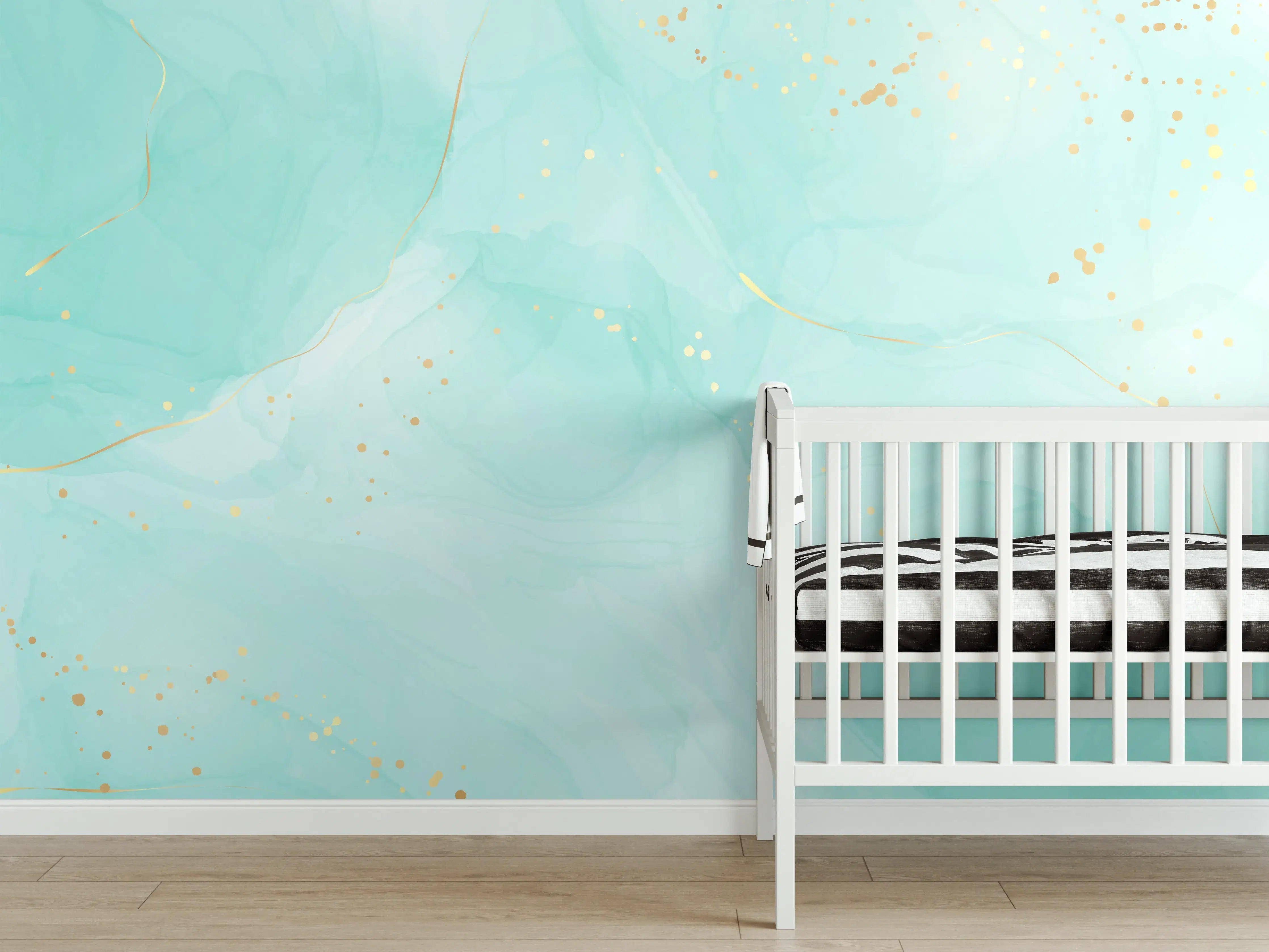 Babyzimmer Wandgestaltung - Türkis-Goldene Aquarell Textur
