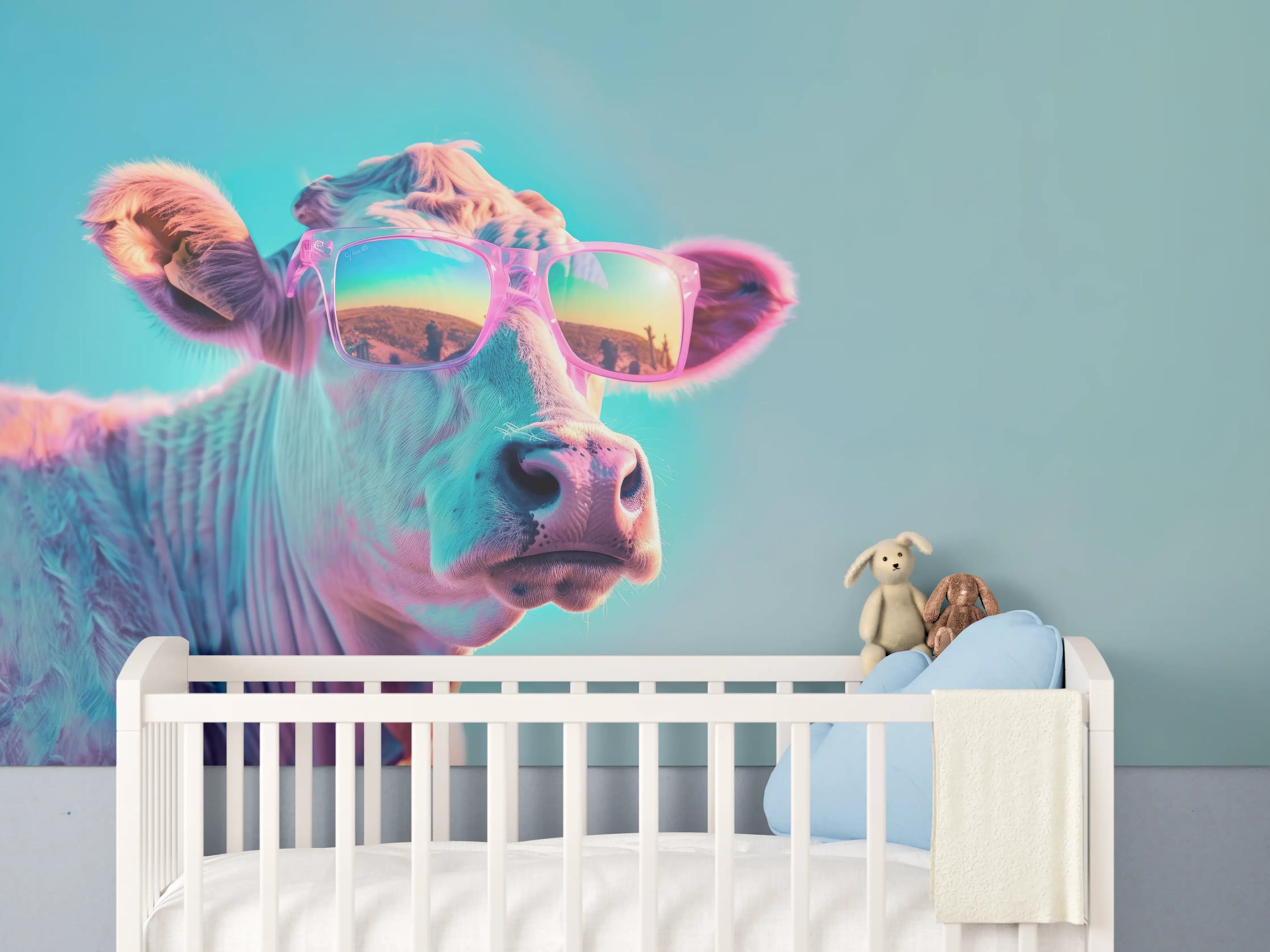 Babyzimmer Wandgestaltung - Türkis-Pastell-Kuh mit Sonnenbrille