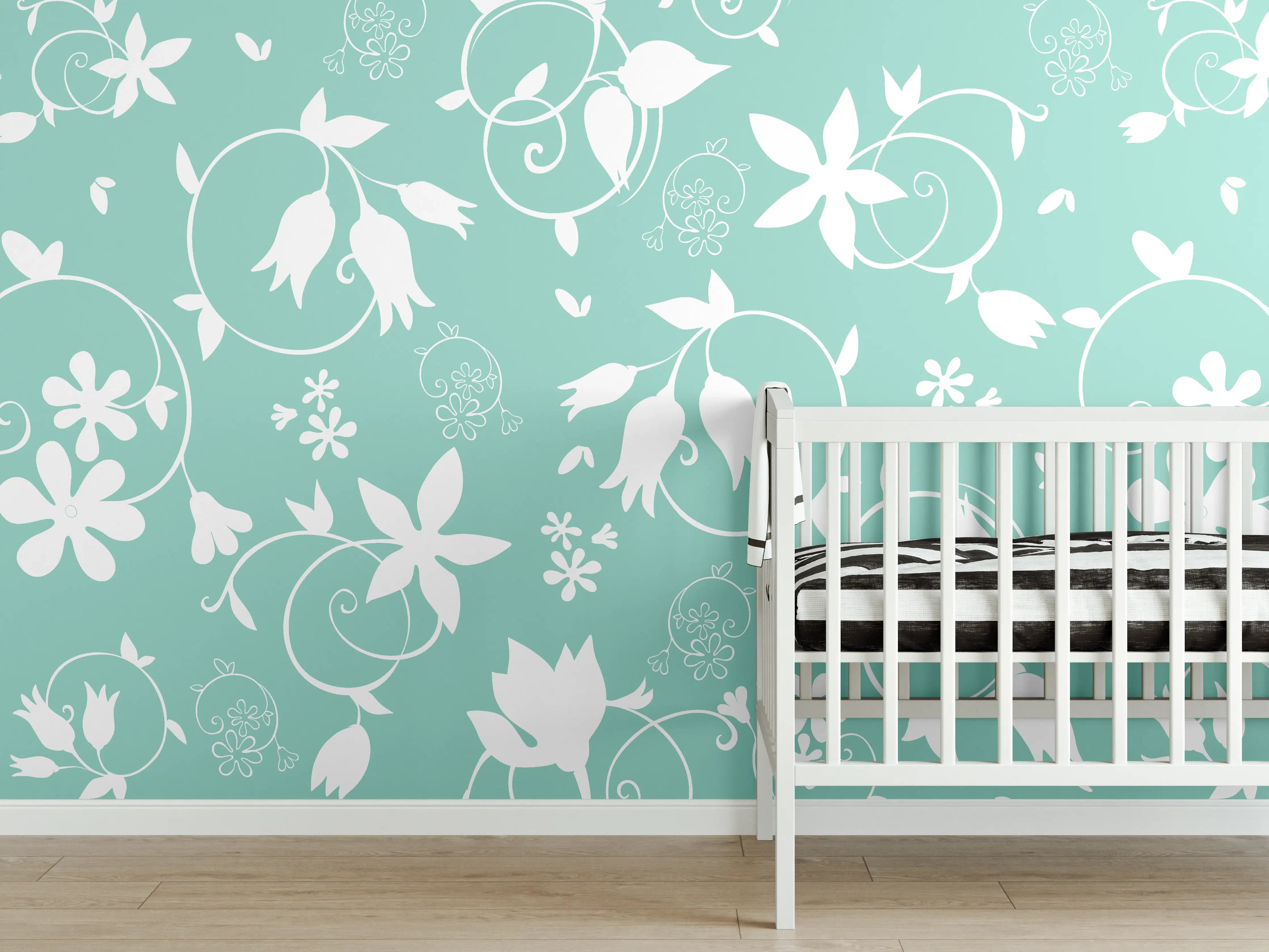 Babyzimmer Wandgestaltung - Türkis-Weiß Blumenmuster
