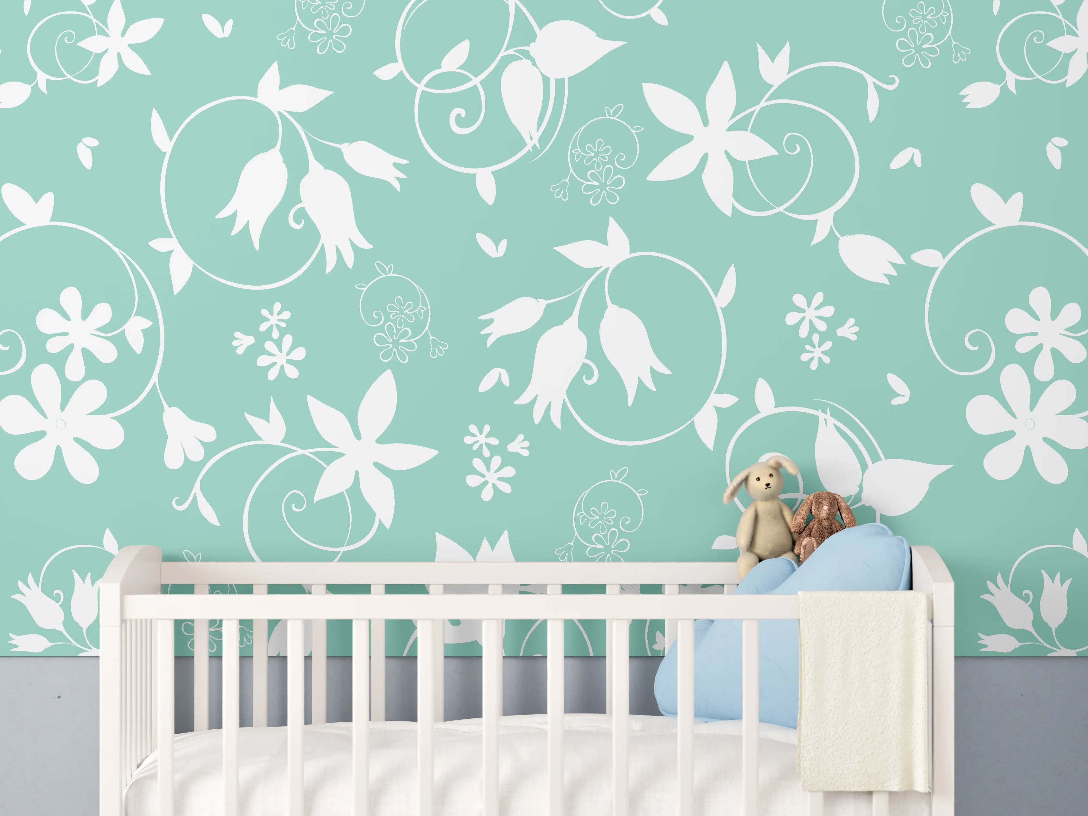 Babyzimmer Wandgestaltung - Türkis-Weiß Blumenmuster