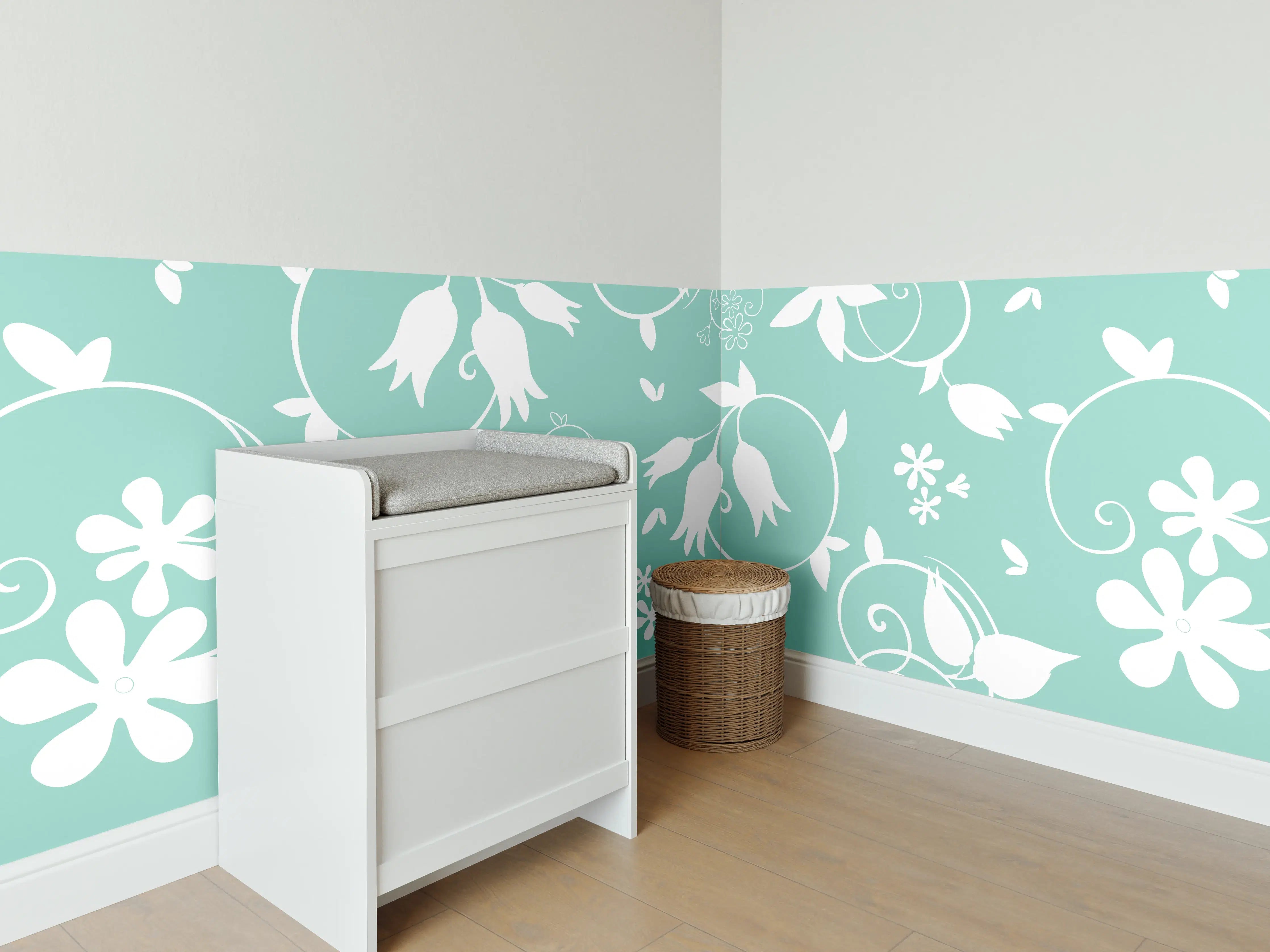 Babyzimmer Wandgestaltung - Türkis-Weiß Blumenmuster