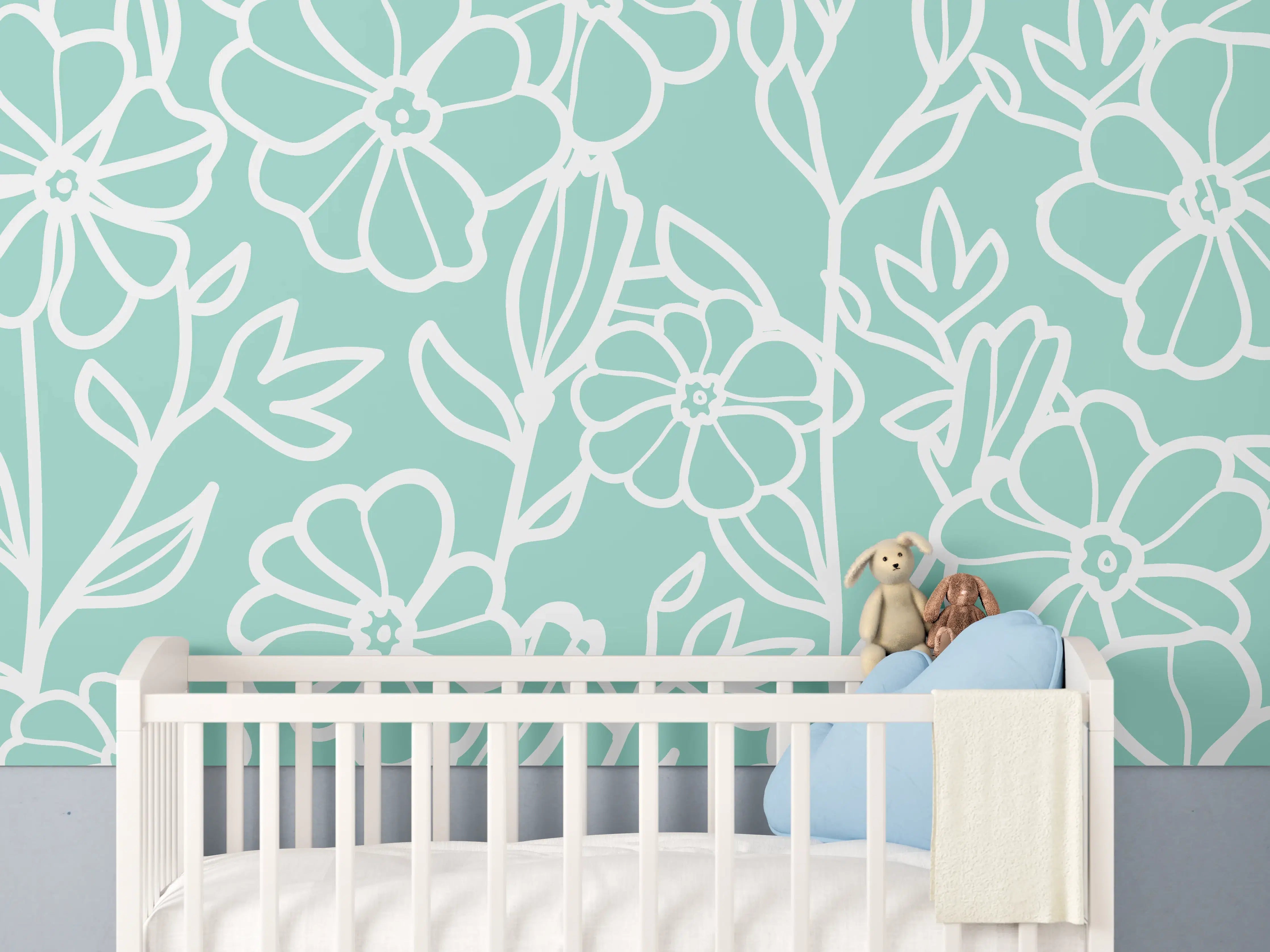 Babyzimmer Wandgestaltung - Türkis-Weißes Blumenmuster