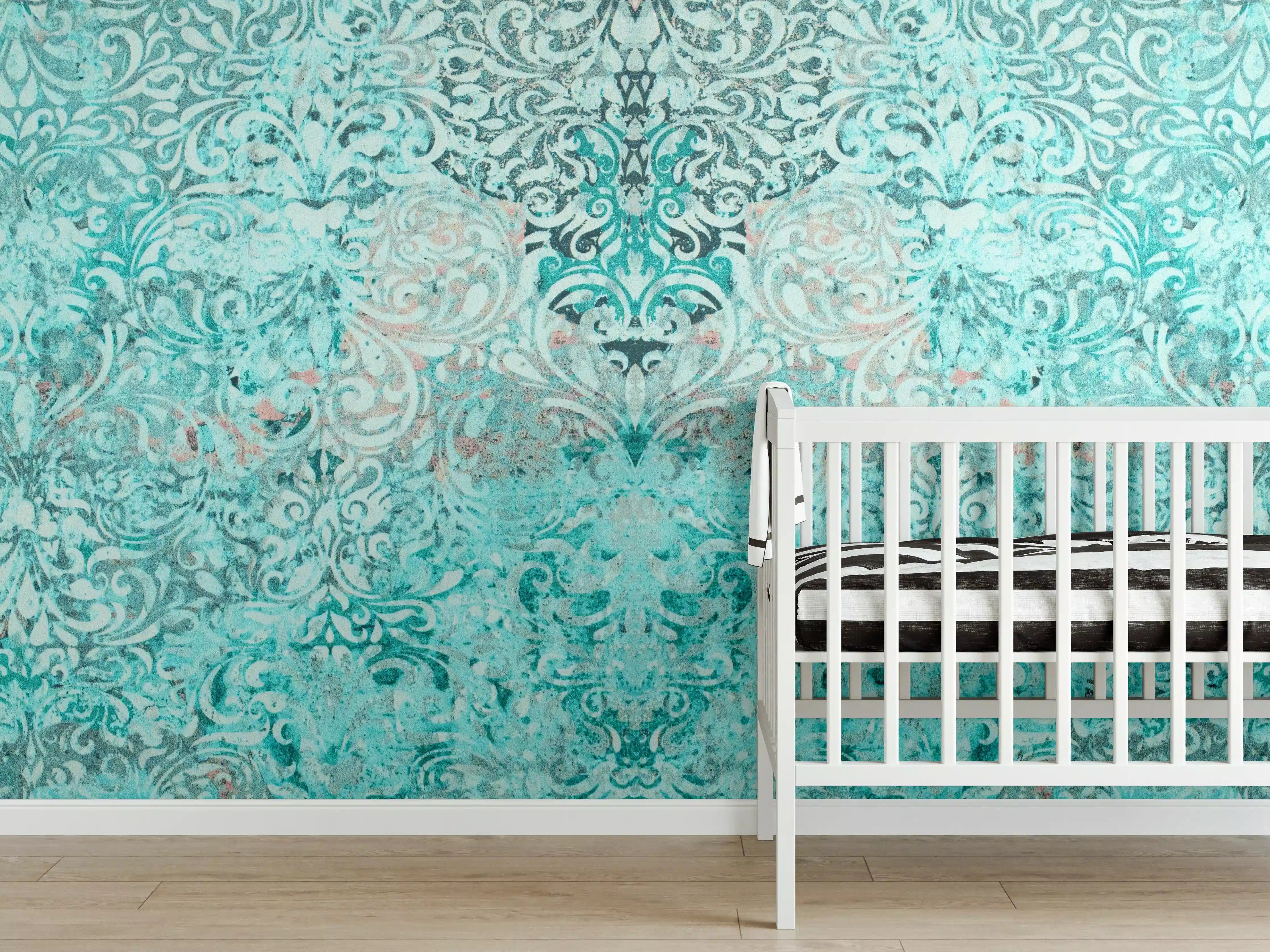 Babyzimmer Wandgestaltung - Türkise Vintage Tapete