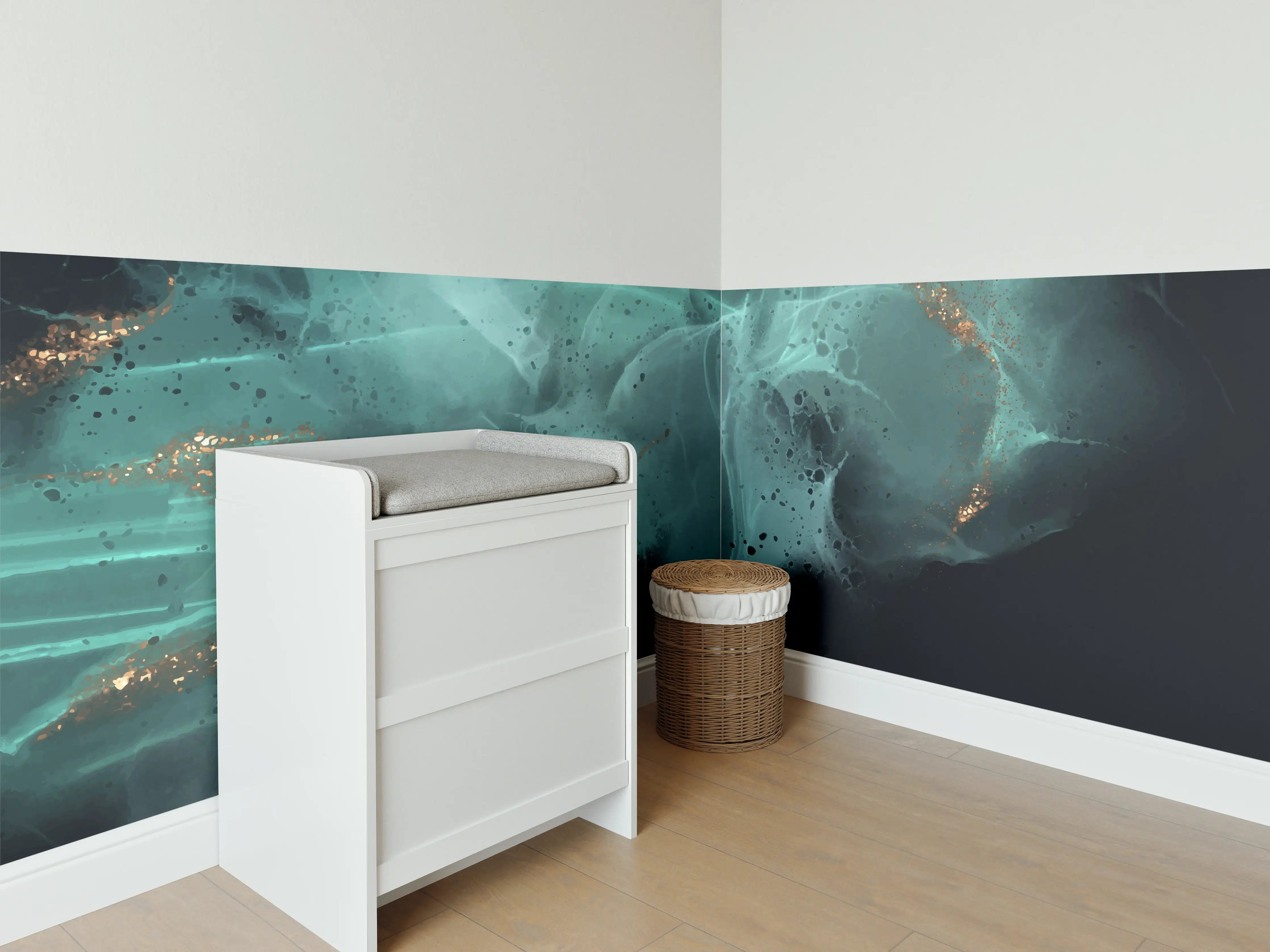Babyzimmer Wandgestaltung - Türkisfarbene Tintenkunst mit Gold