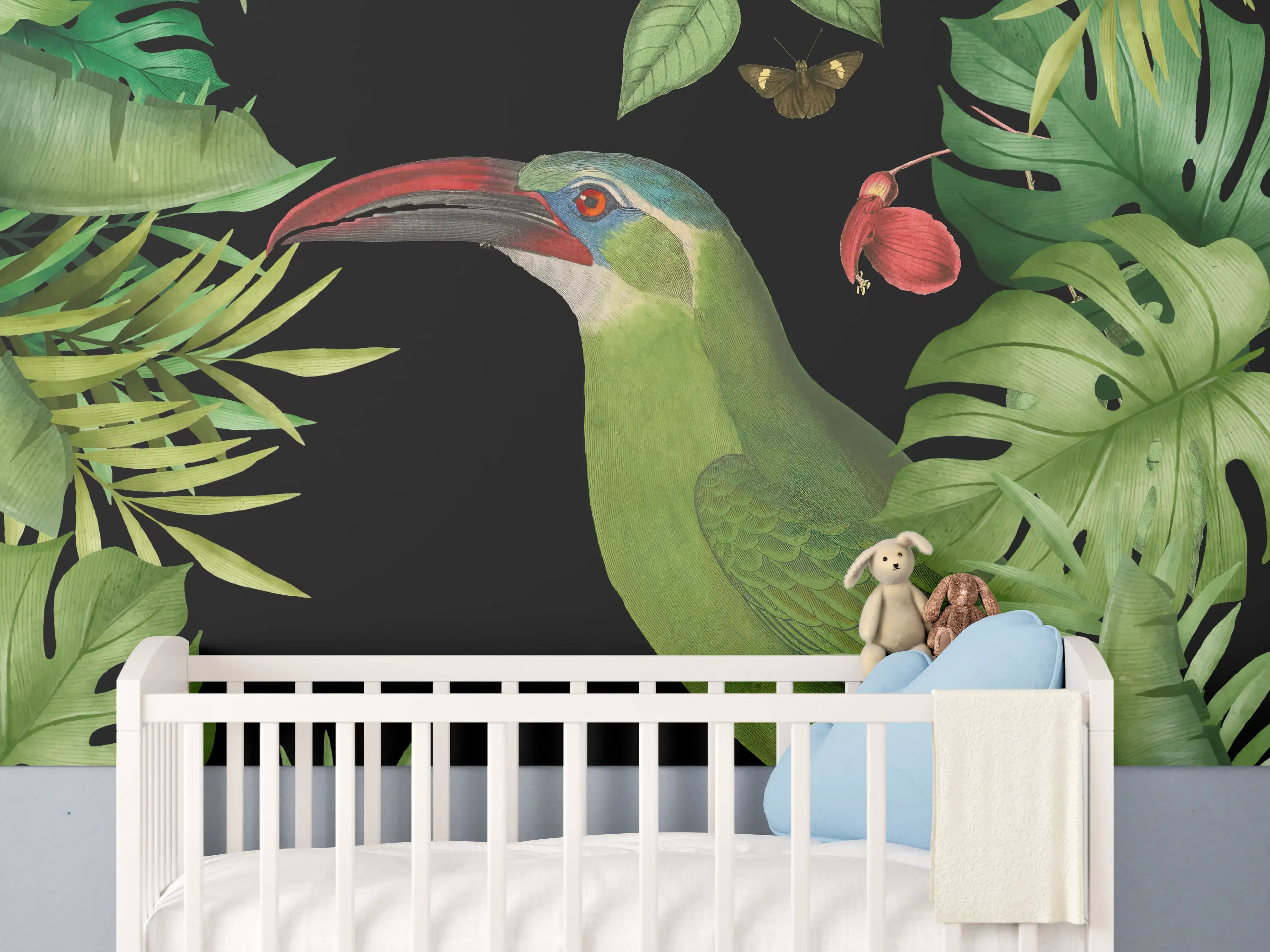 Babyzimmer Wandgestaltung - Tukan Malerei - Tropische Blätter