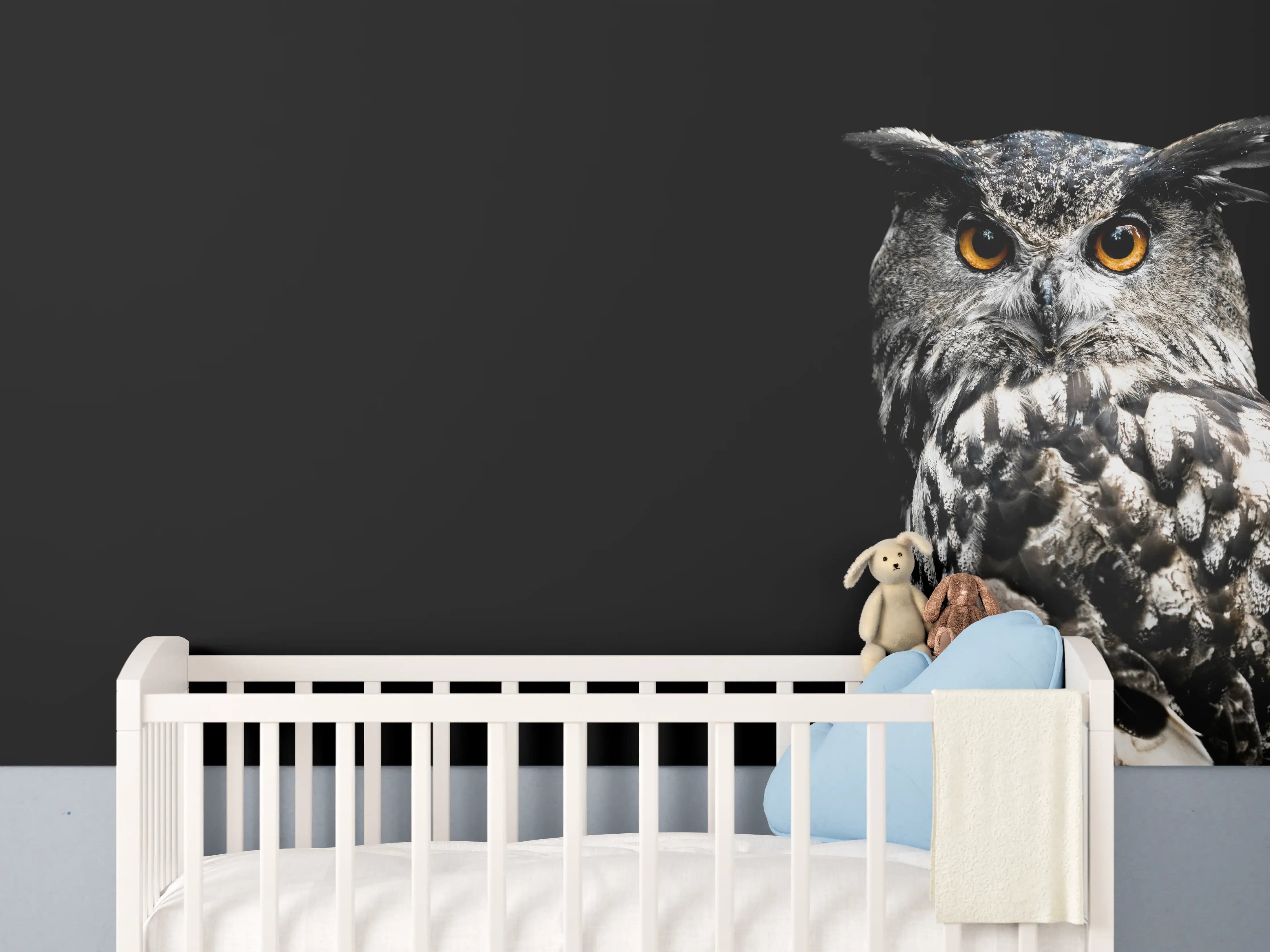 Babyzimmer Wandgestaltung - Uhu auf schwarzem Hintergrund
