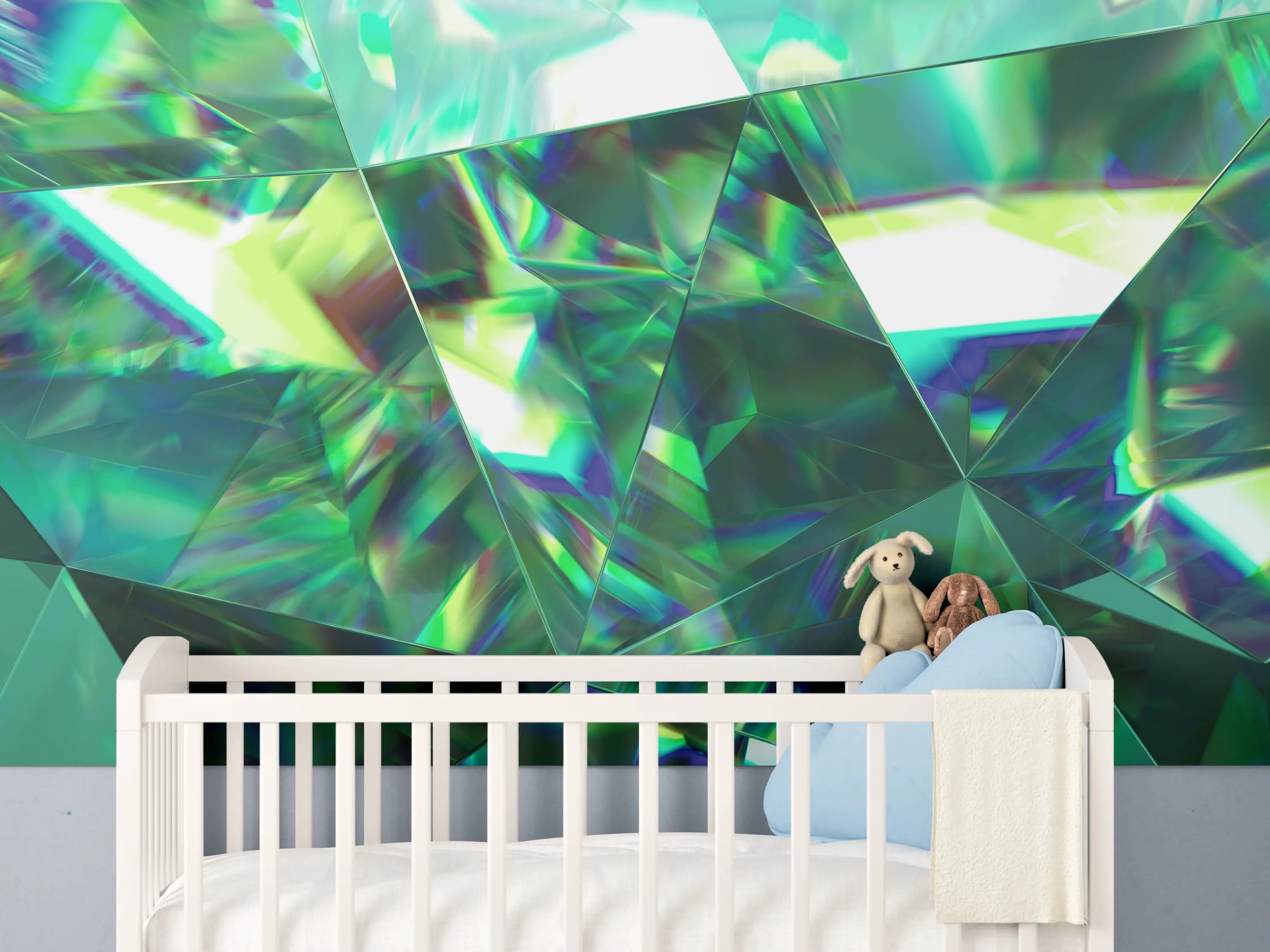 Babyzimmer Wandgestaltung - Verschiedene grün-blaue Kristallstrukturen
