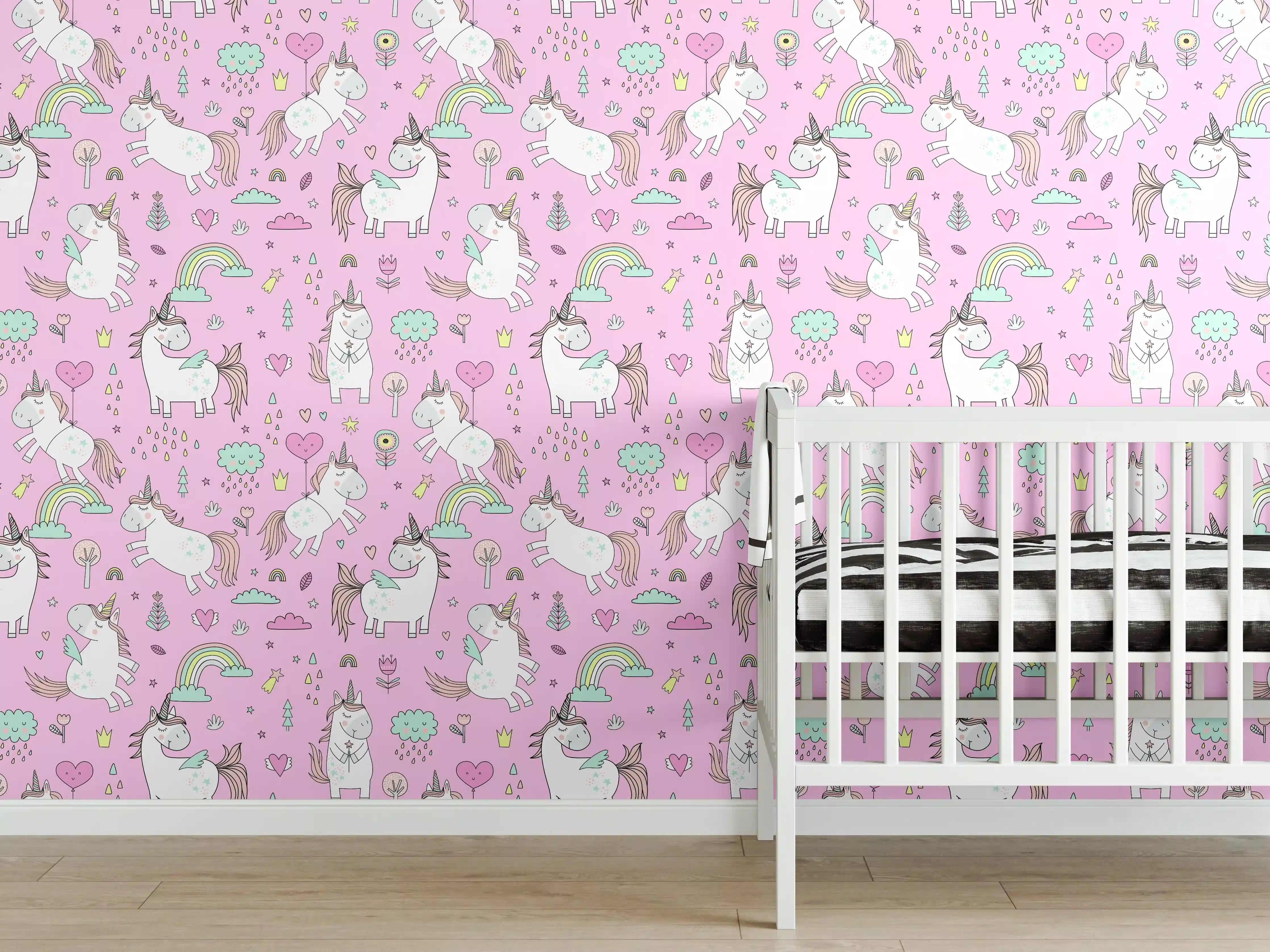Babyzimmer Wandgestaltung - Verspielte Einhorn-Motive in Pastellfarben