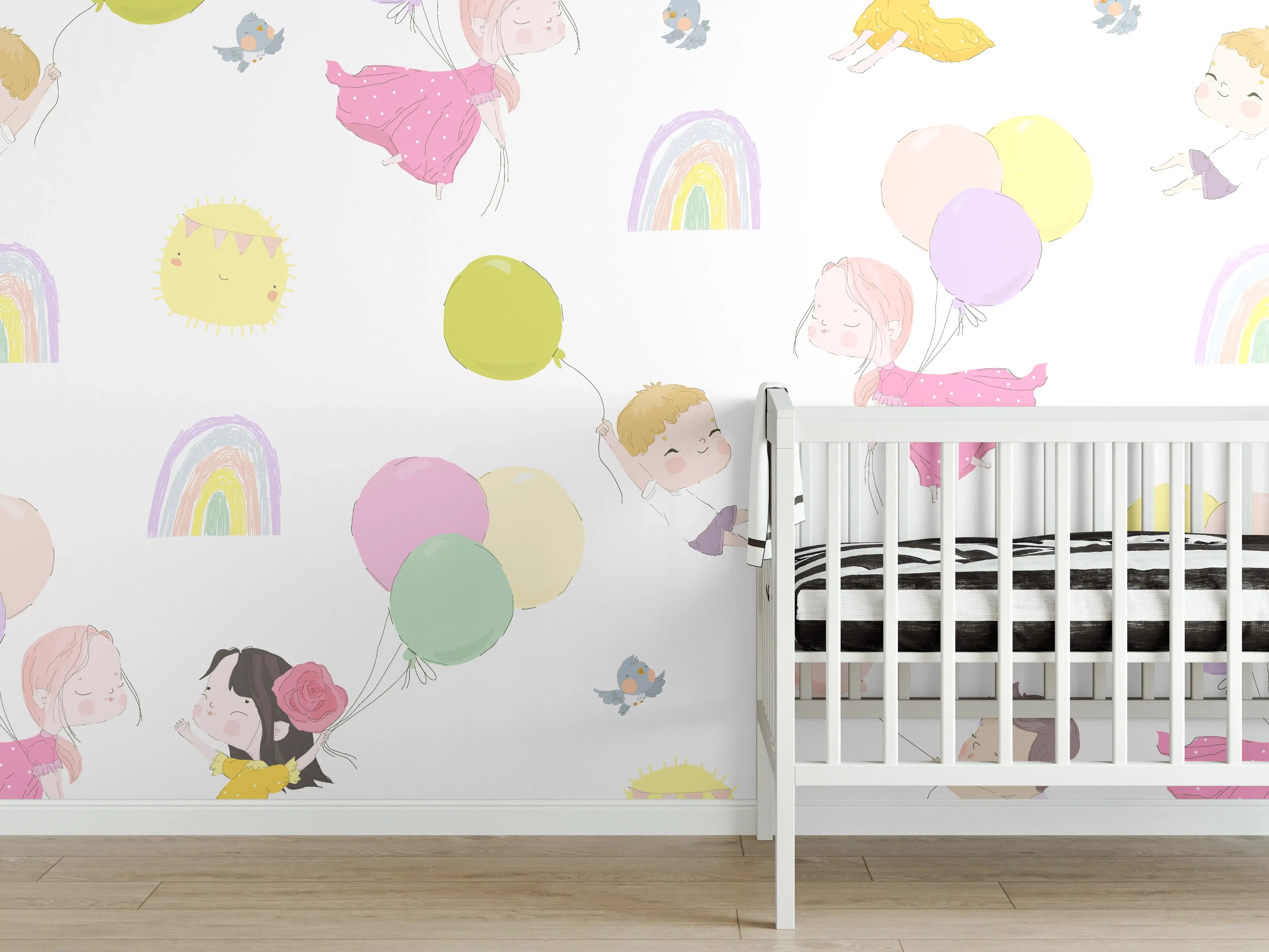 Babyzimmer Wandgestaltung - Verspielte Kinder mit Luftballons im Pastelllook