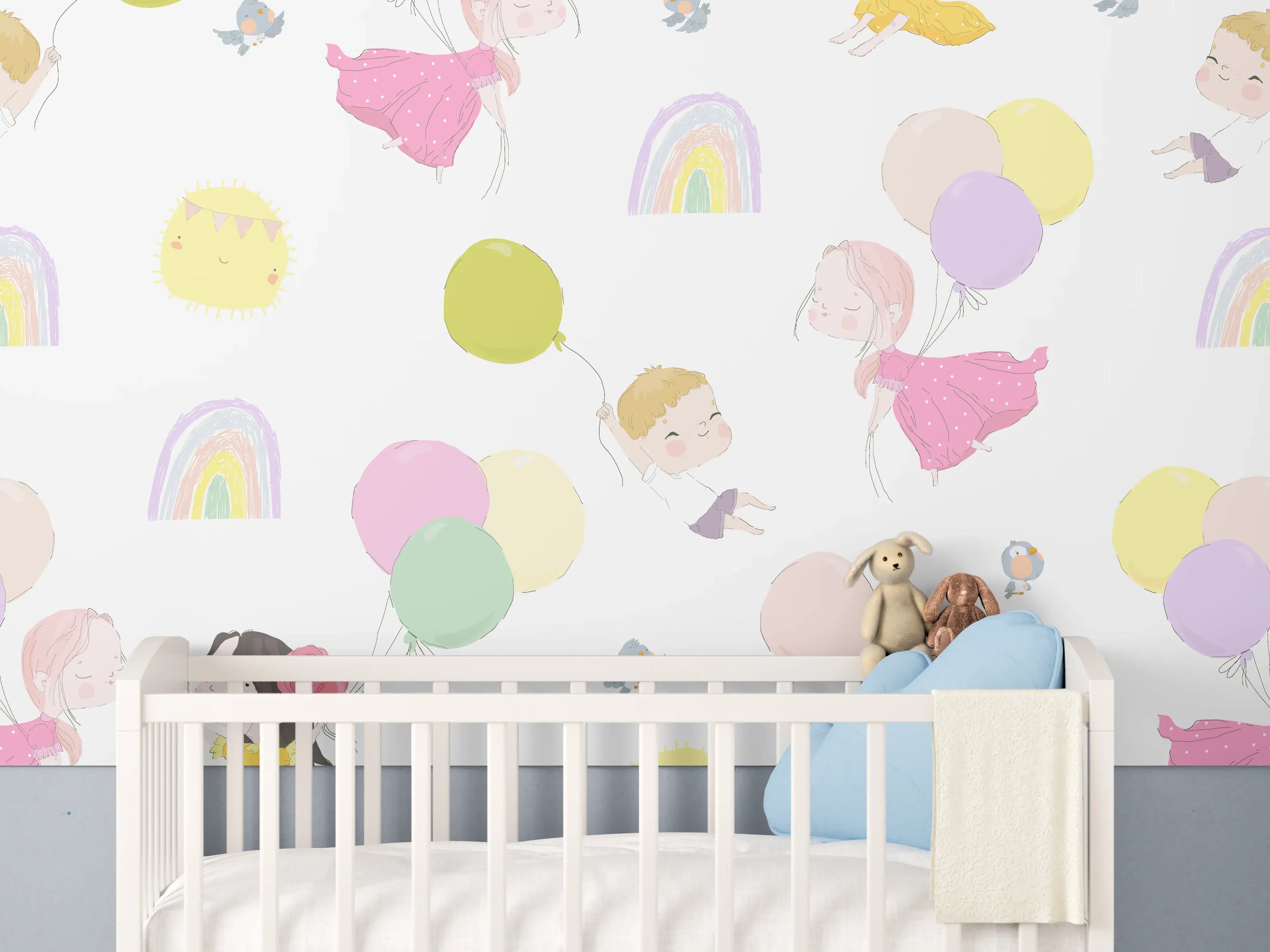 Babyzimmer Wandgestaltung - Verspielte Kinder mit Luftballons im Pastelllook