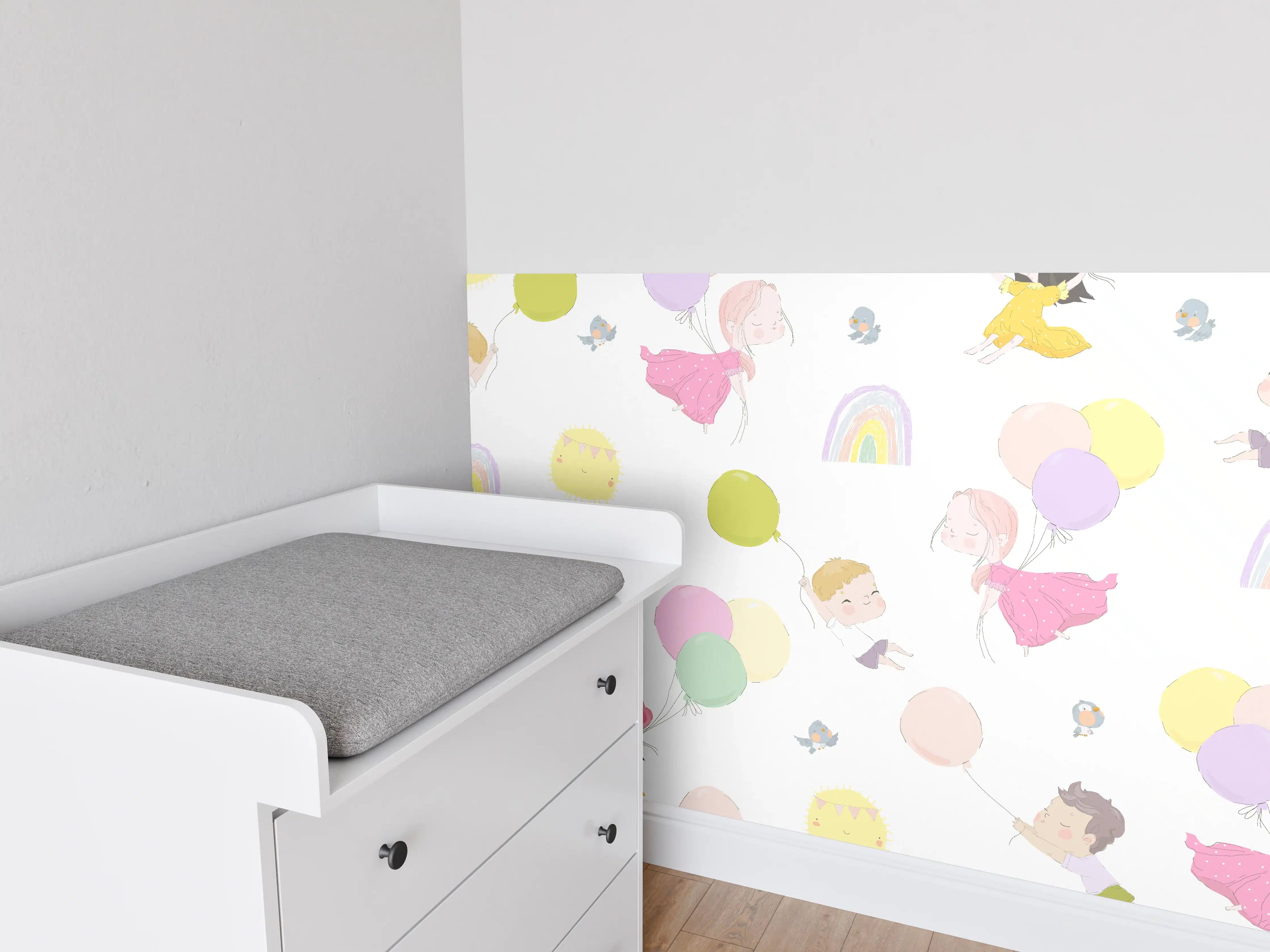 Babyzimmer Wandgestaltung - Verspielte Kinder mit Luftballons im Pastelllook