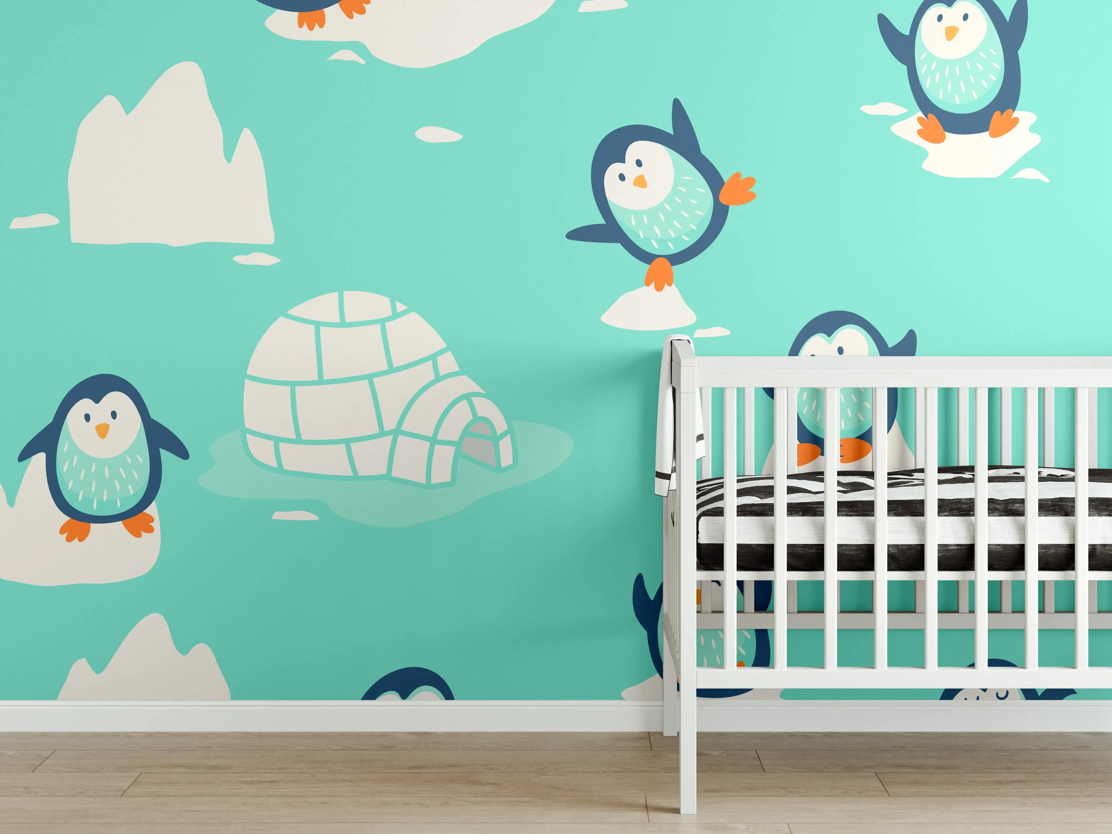 Babyzimmer Wandgestaltung - Verspielte Pinguin-Musterung Türkis