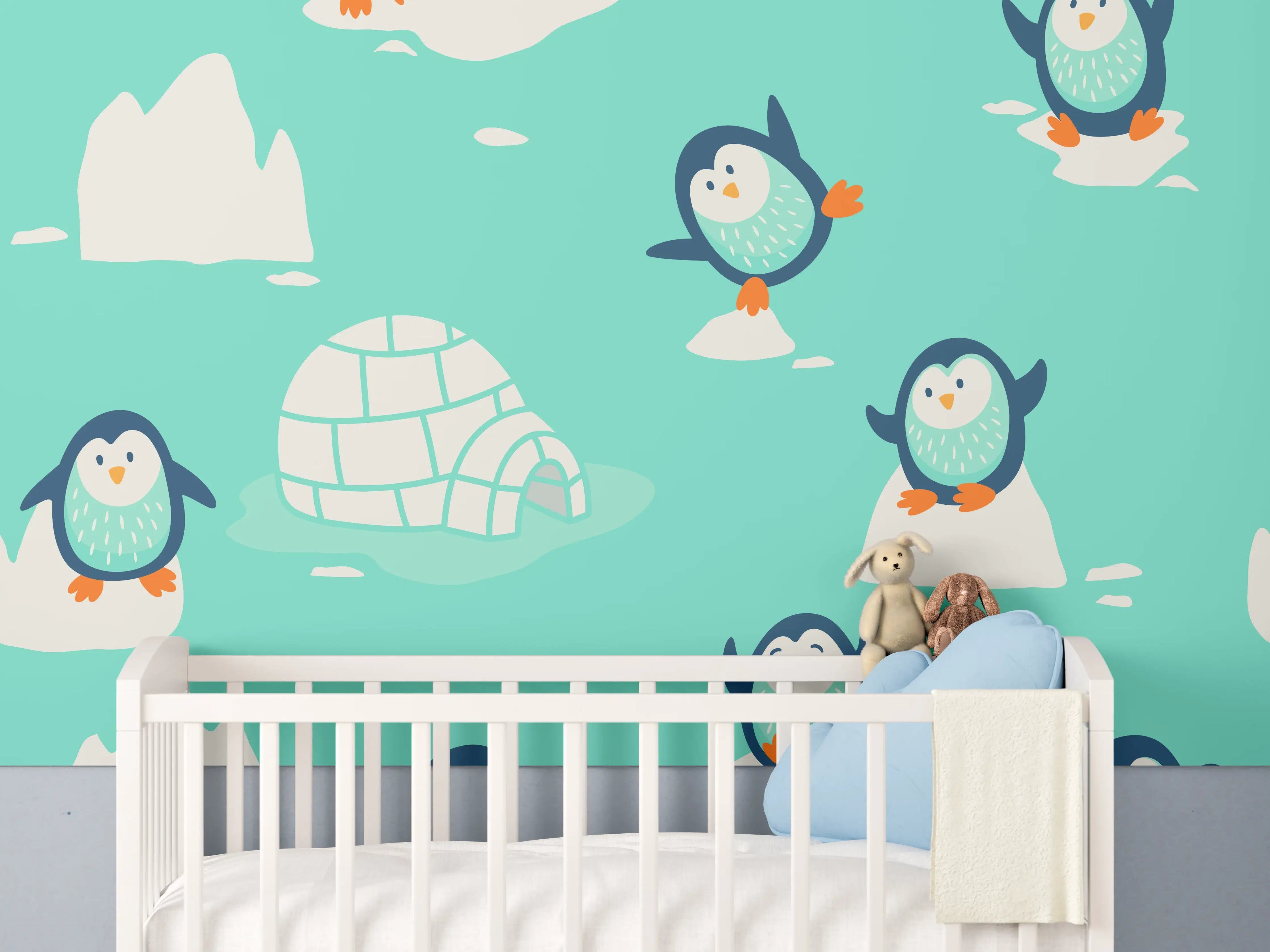 Babyzimmer Wandgestaltung - Verspielte Pinguin-Musterung Türkis