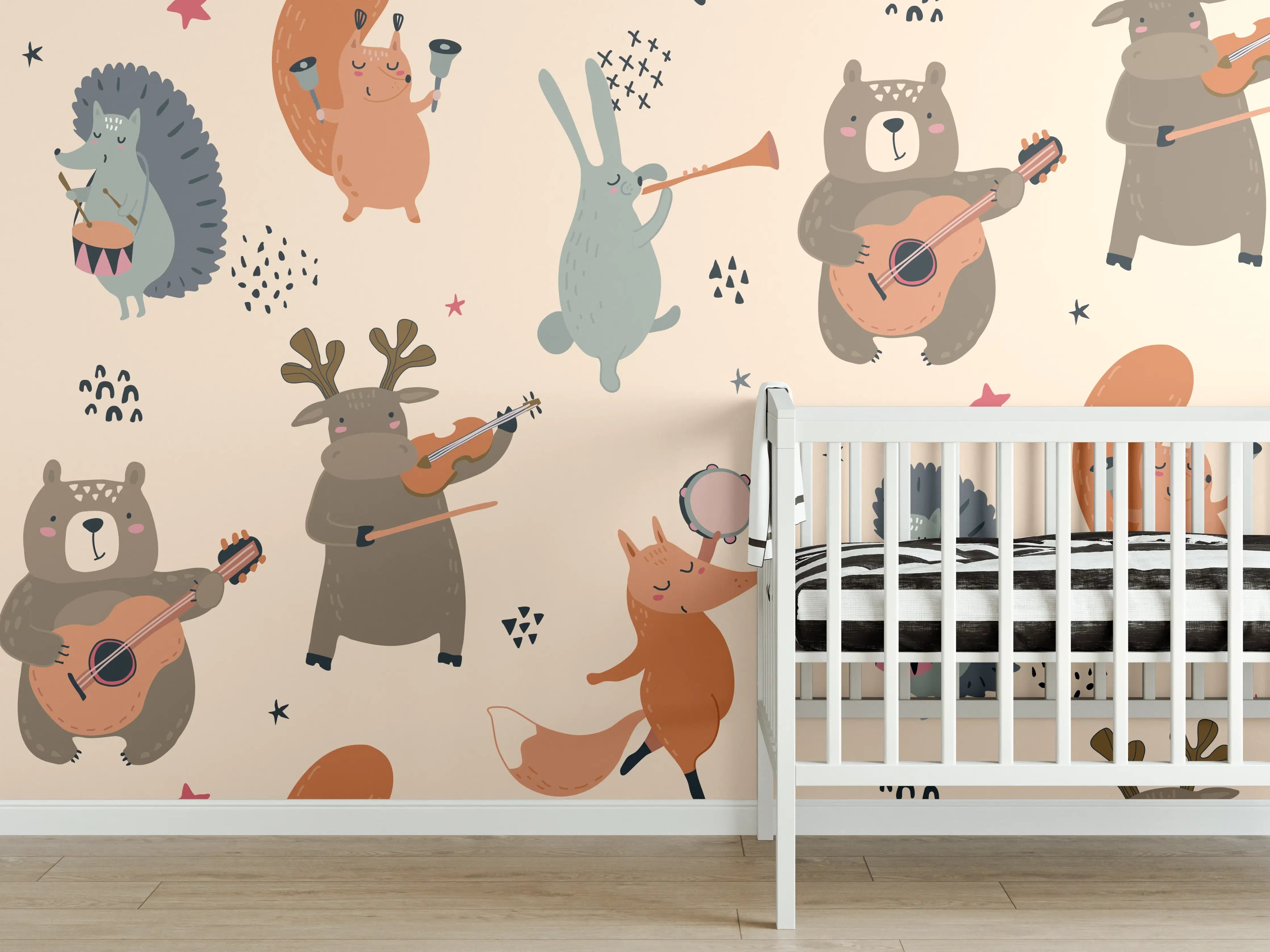 Babyzimmer Wandgestaltung - Verspielte Tierillustration mit bunten Farben
