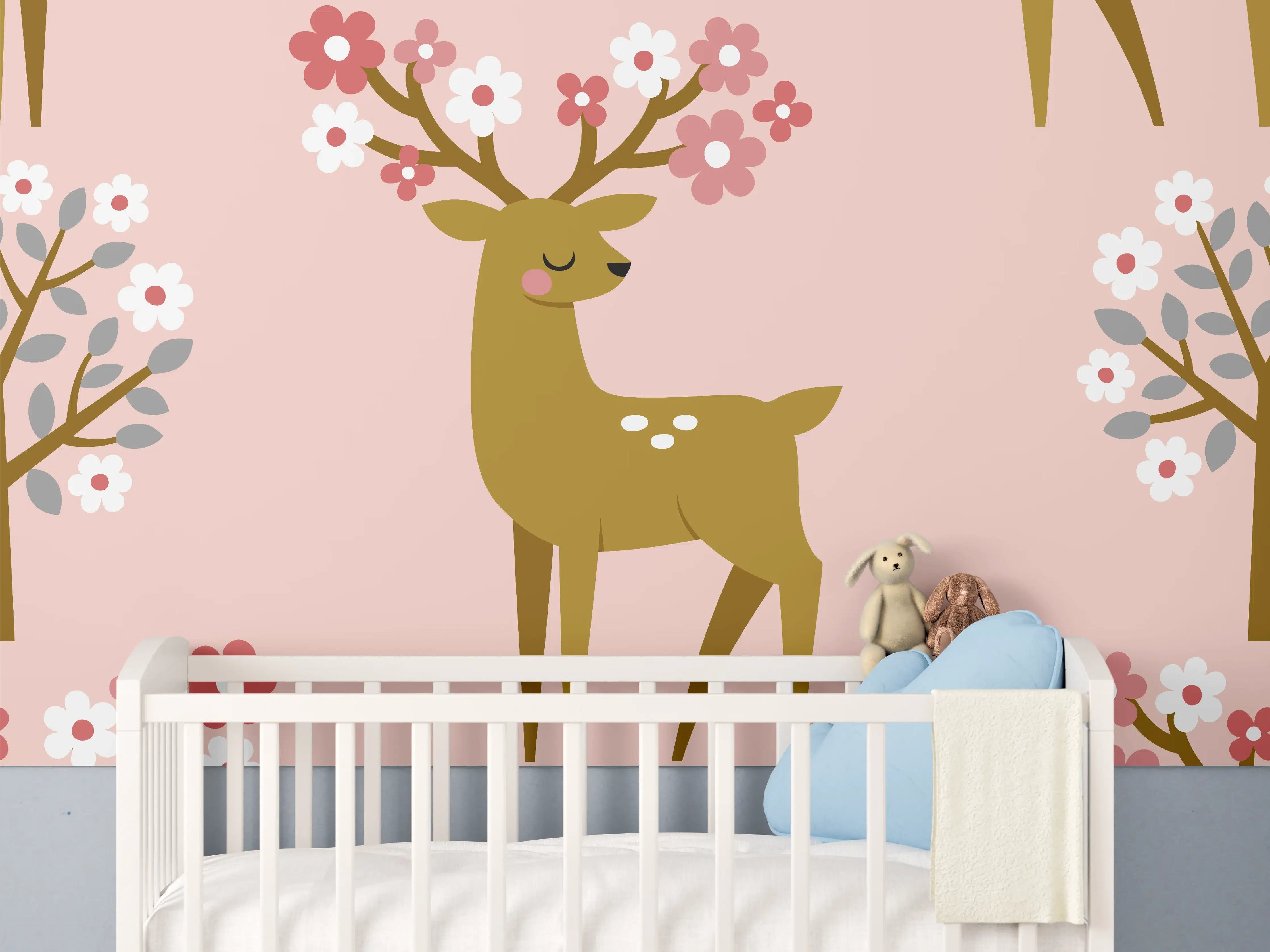 Babyzimmer Wandgestaltung - Verspielter Rehkitz Blumen Print