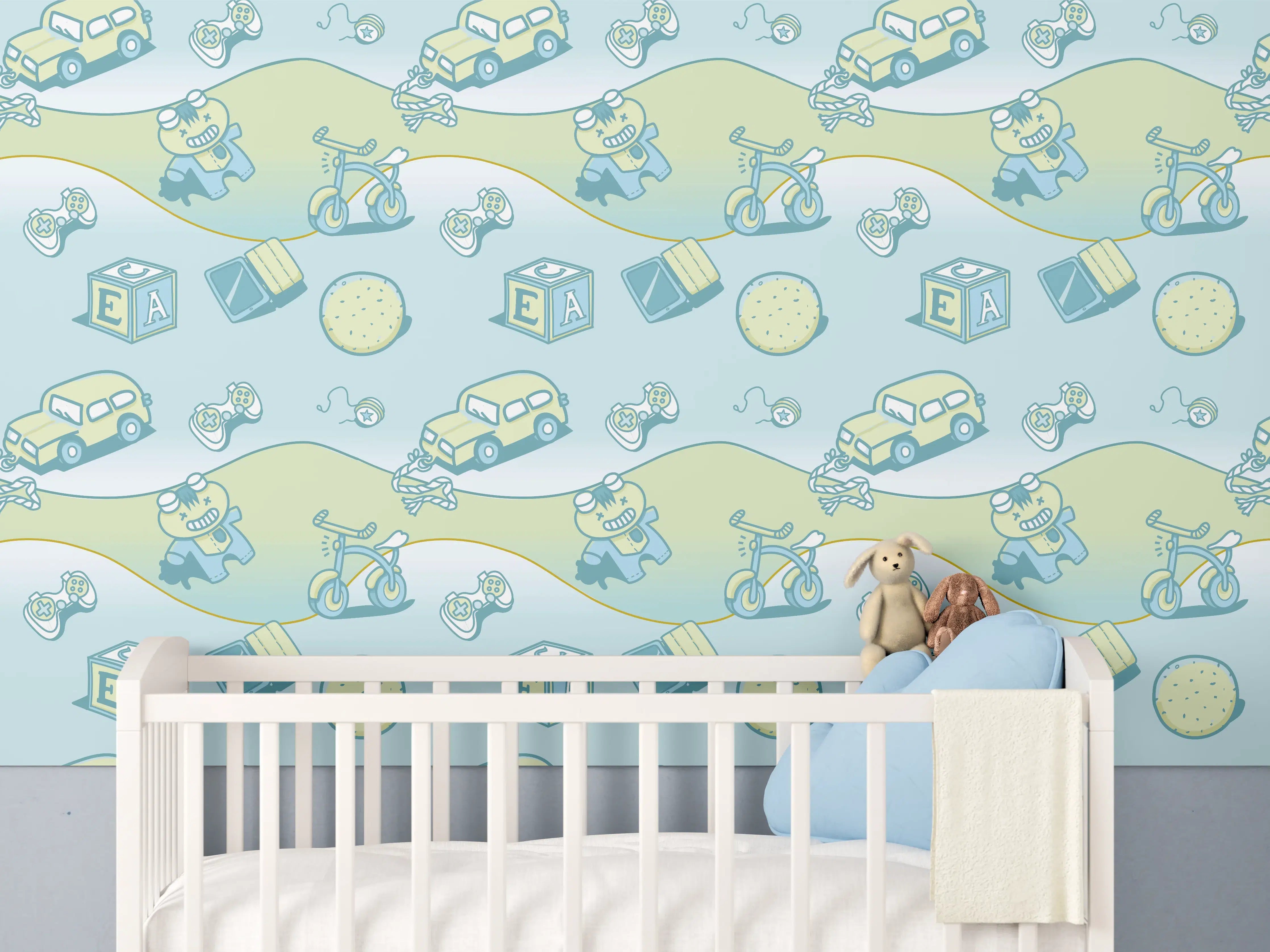 Babyzimmer Wandgestaltung - Verspieltes Babyzimmer mit blauer Wagen- und Tiermuster