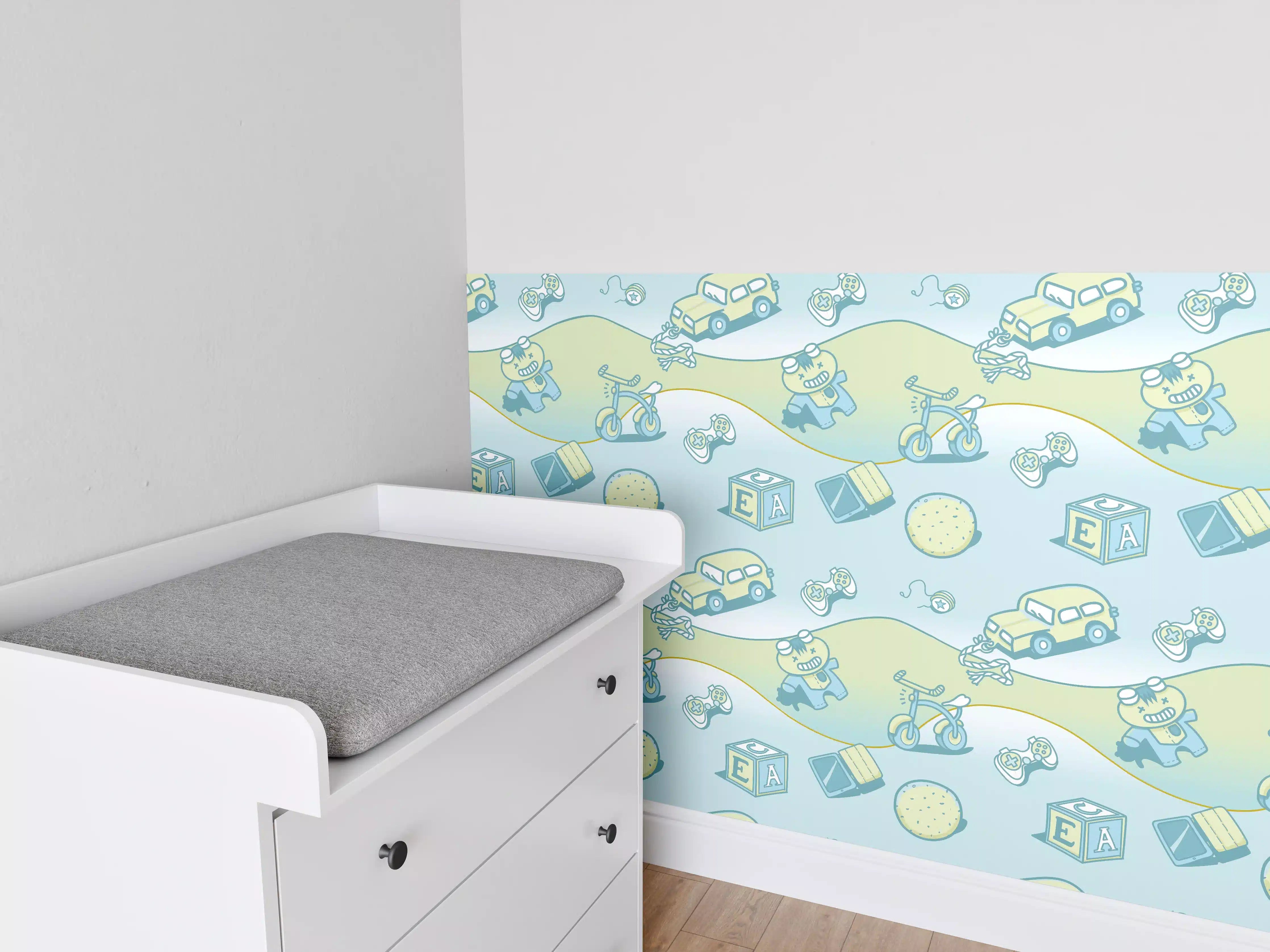 Babyzimmer Wandgestaltung - Verspieltes Babyzimmer mit blauer Wagen- und Tiermuster