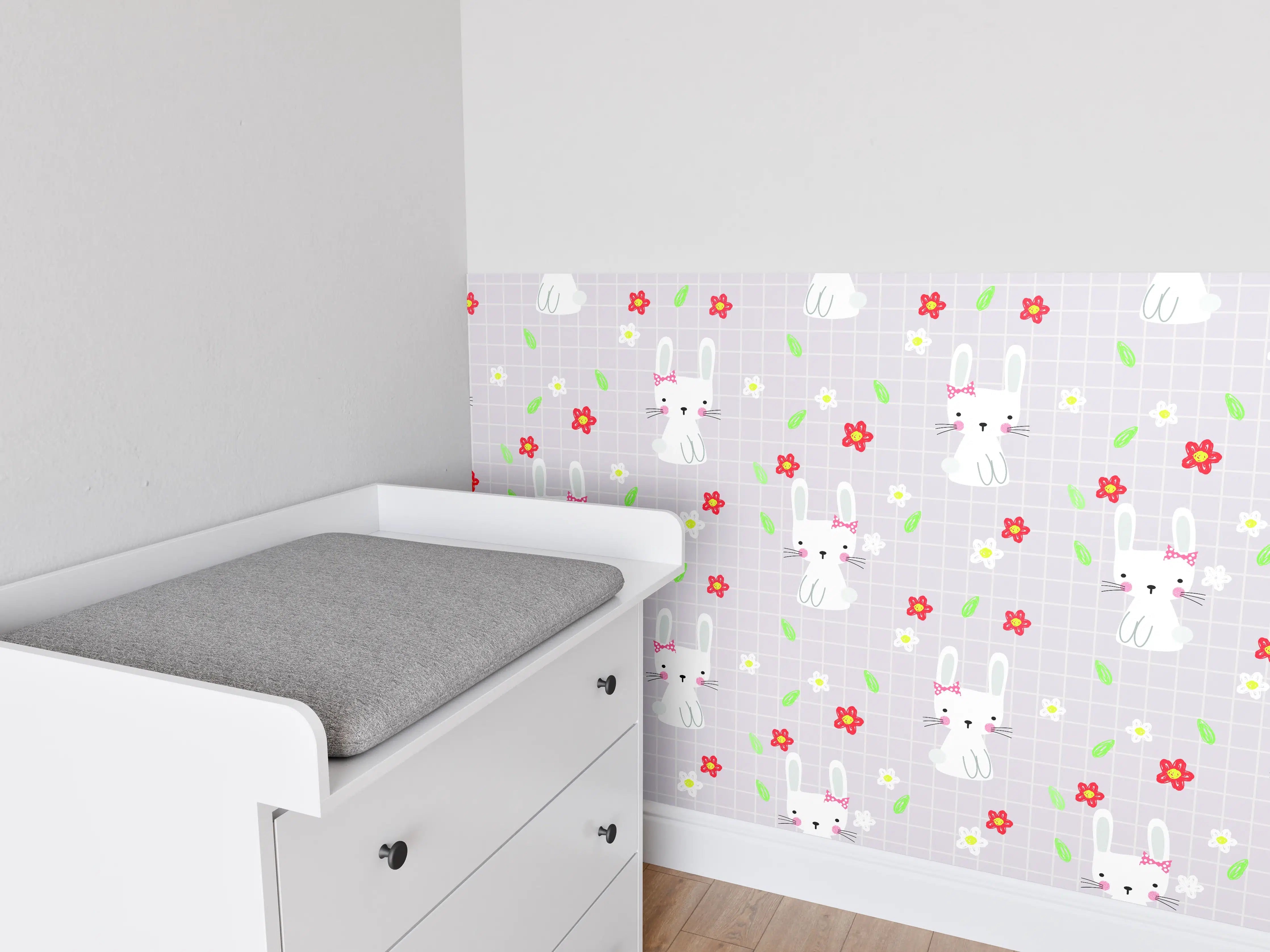 Babyzimmer Wandgestaltung - Verspieltes Hasen- und Blumenmuster in Pastellfarben