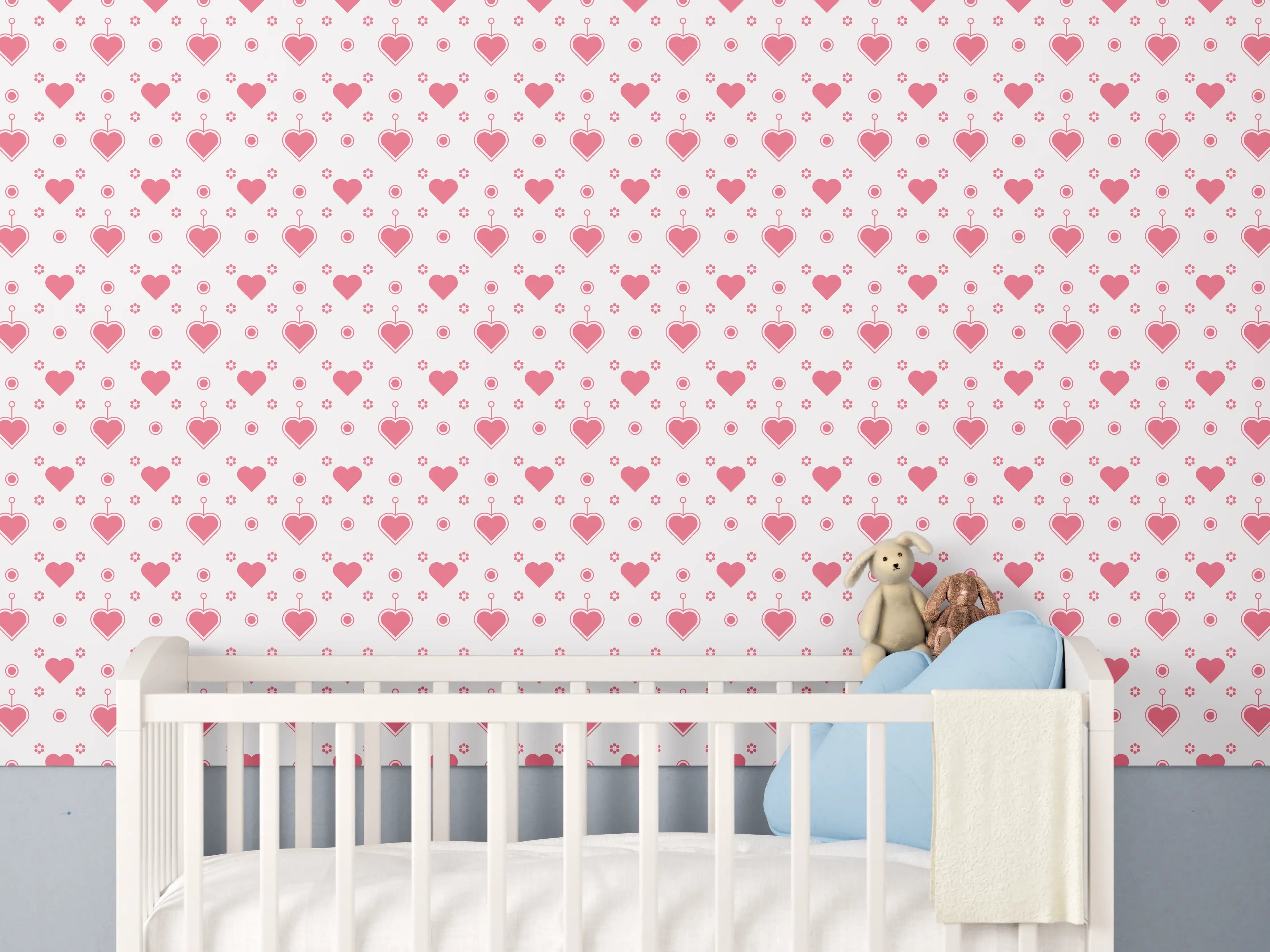 Babyzimmer Wandgestaltung - Verspieltes Herzmuster in Rosa auf Weiß