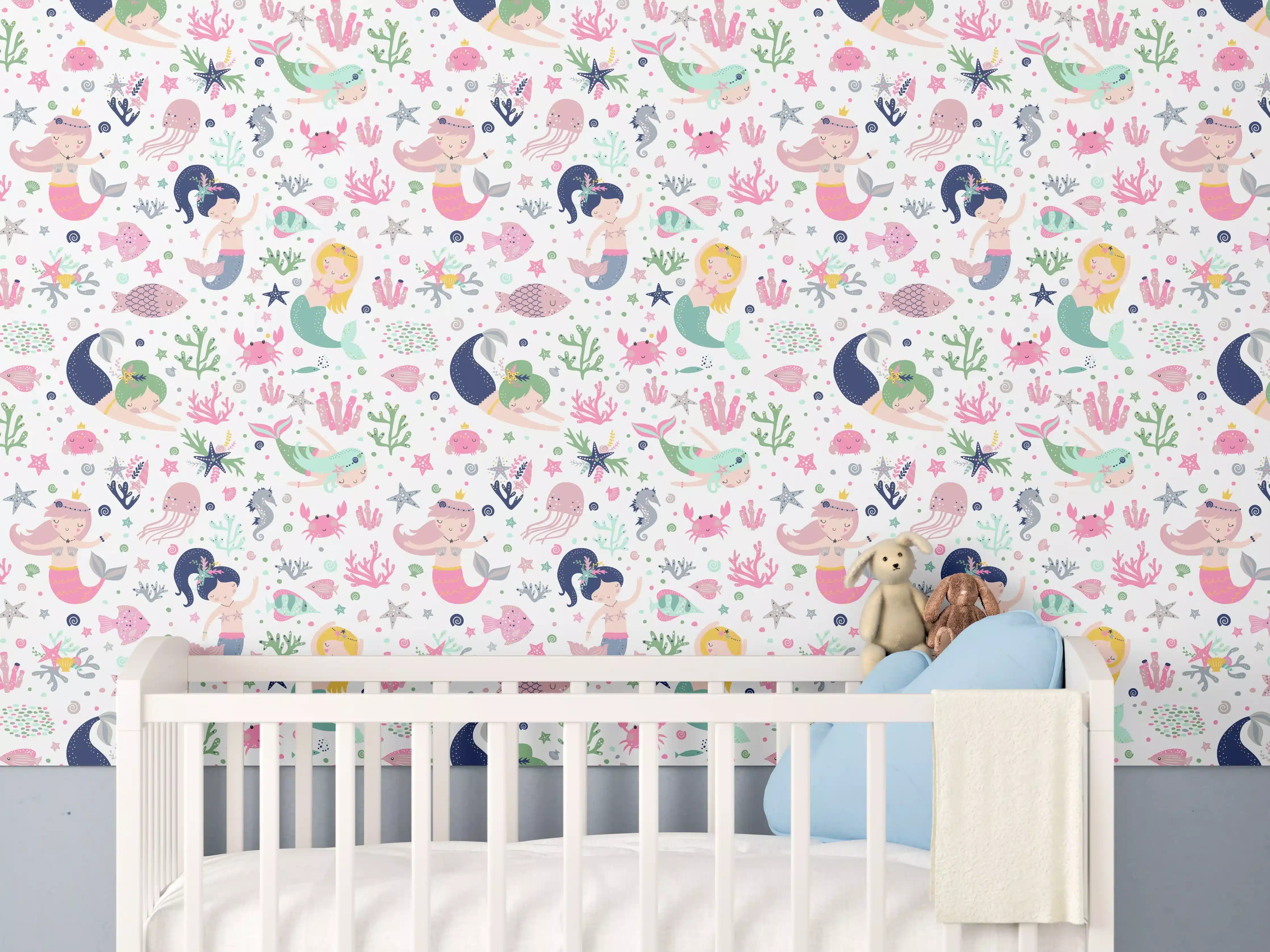 Babyzimmer Wandgestaltung - Verspieltes Meerjungfrau-Motiv in Pastellfarben
