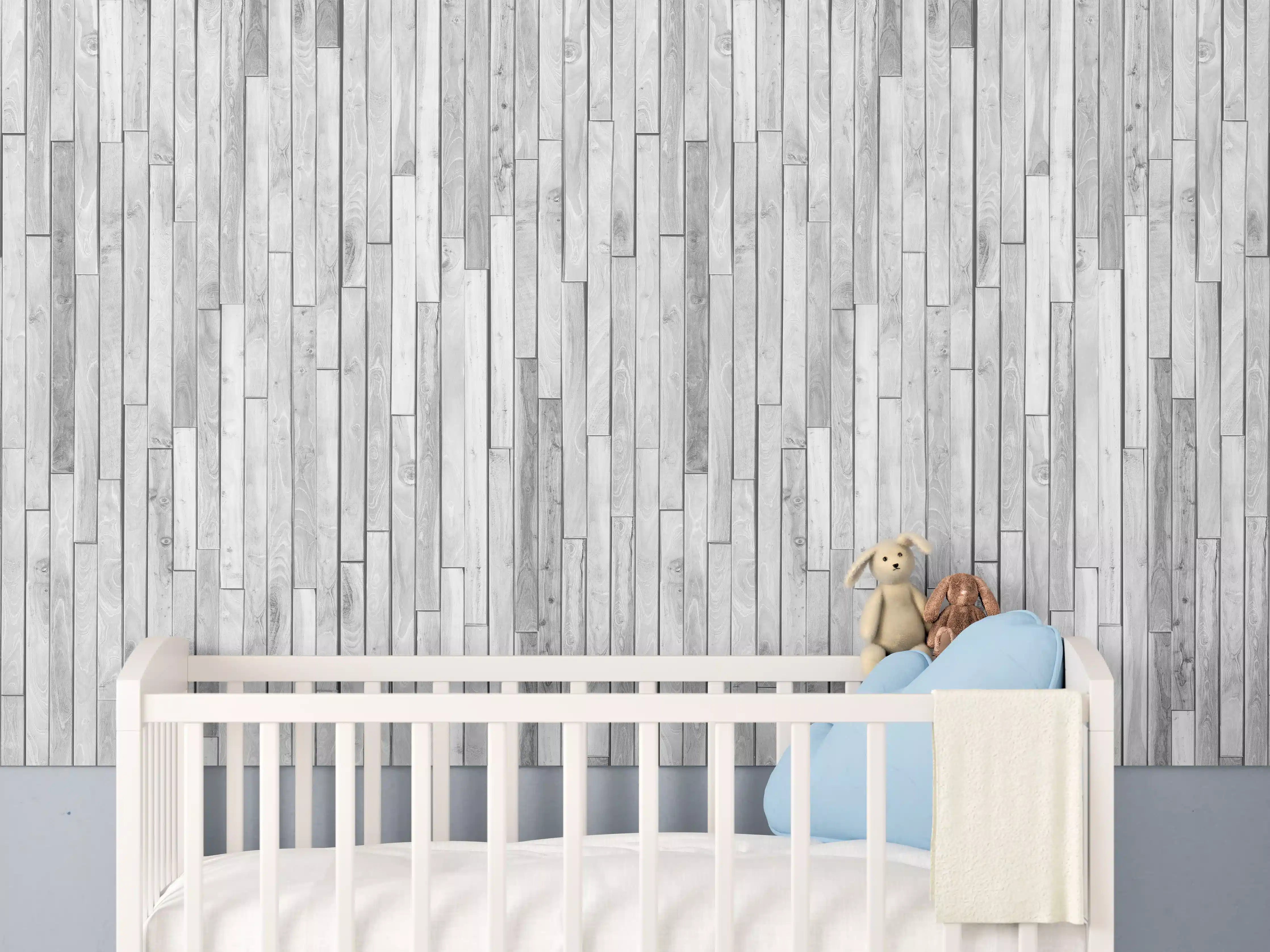 Babyzimmer Wandgestaltung - Vertikale weiße kleine Kiefernholzstücke