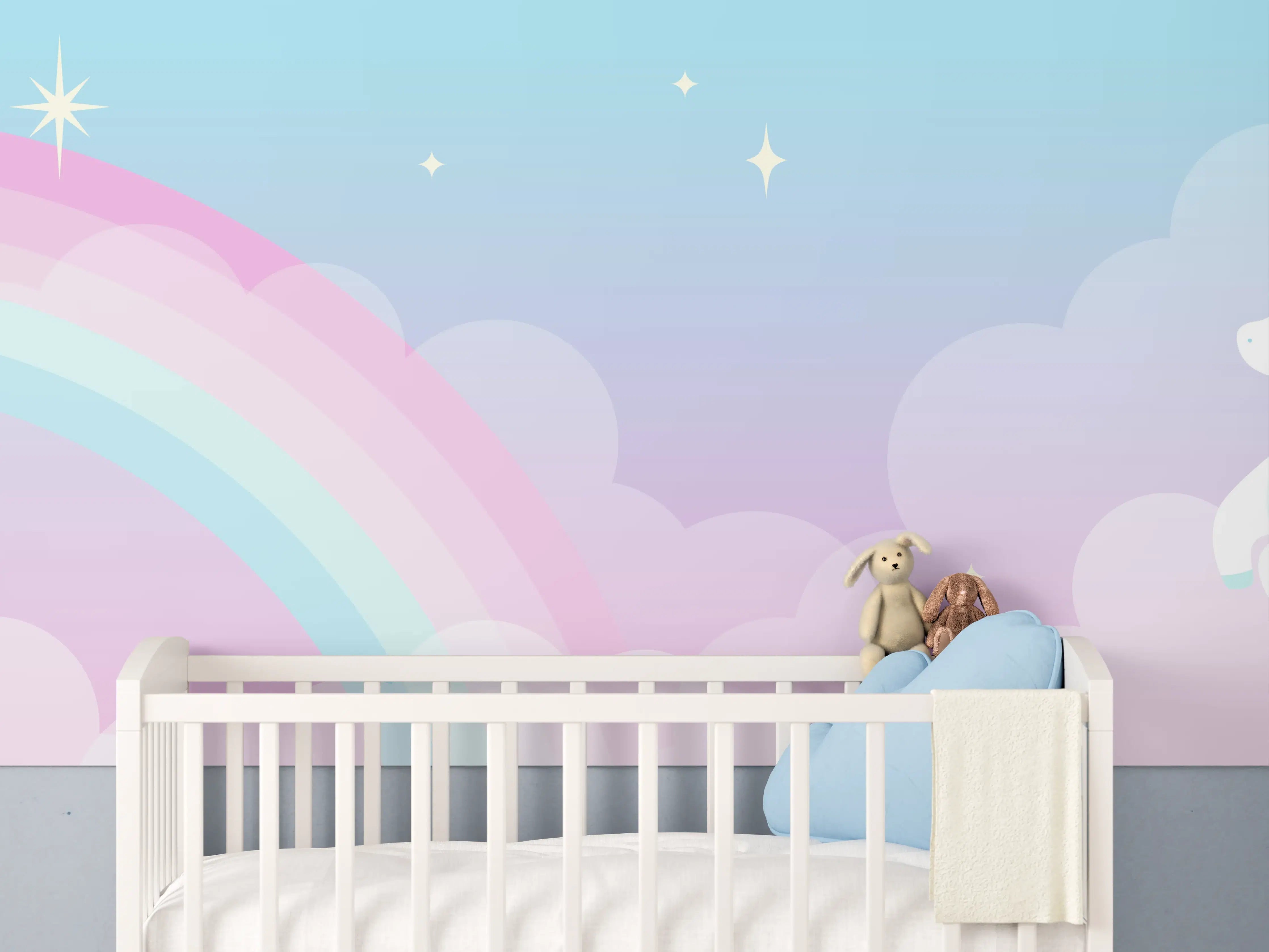 Babyzimmer Wandgestaltung - Verwunschener Regenbogenhimmel