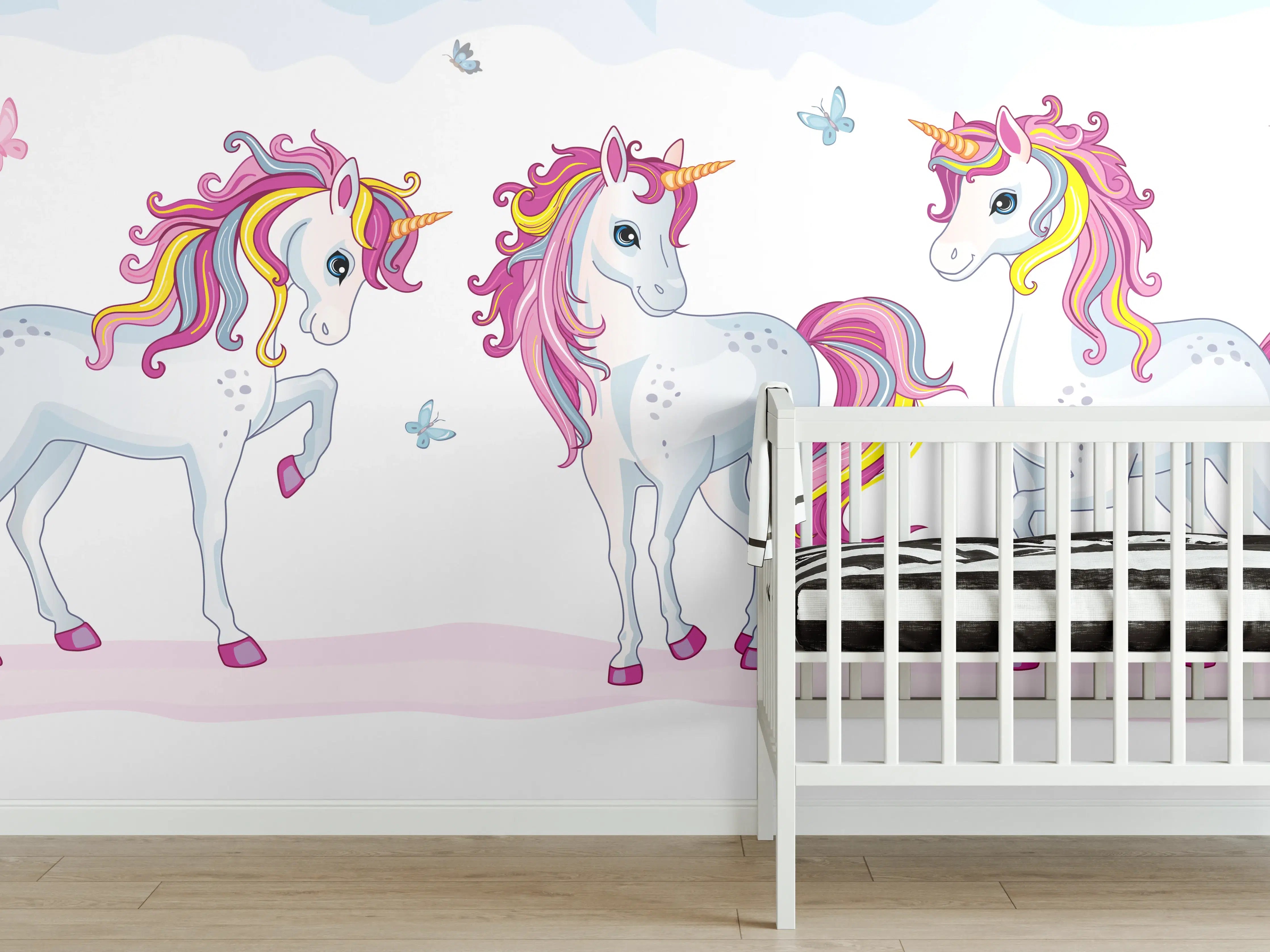 Babyzimmer Wandgestaltung - Verzauberte Einhornwelt in Pastellgrau