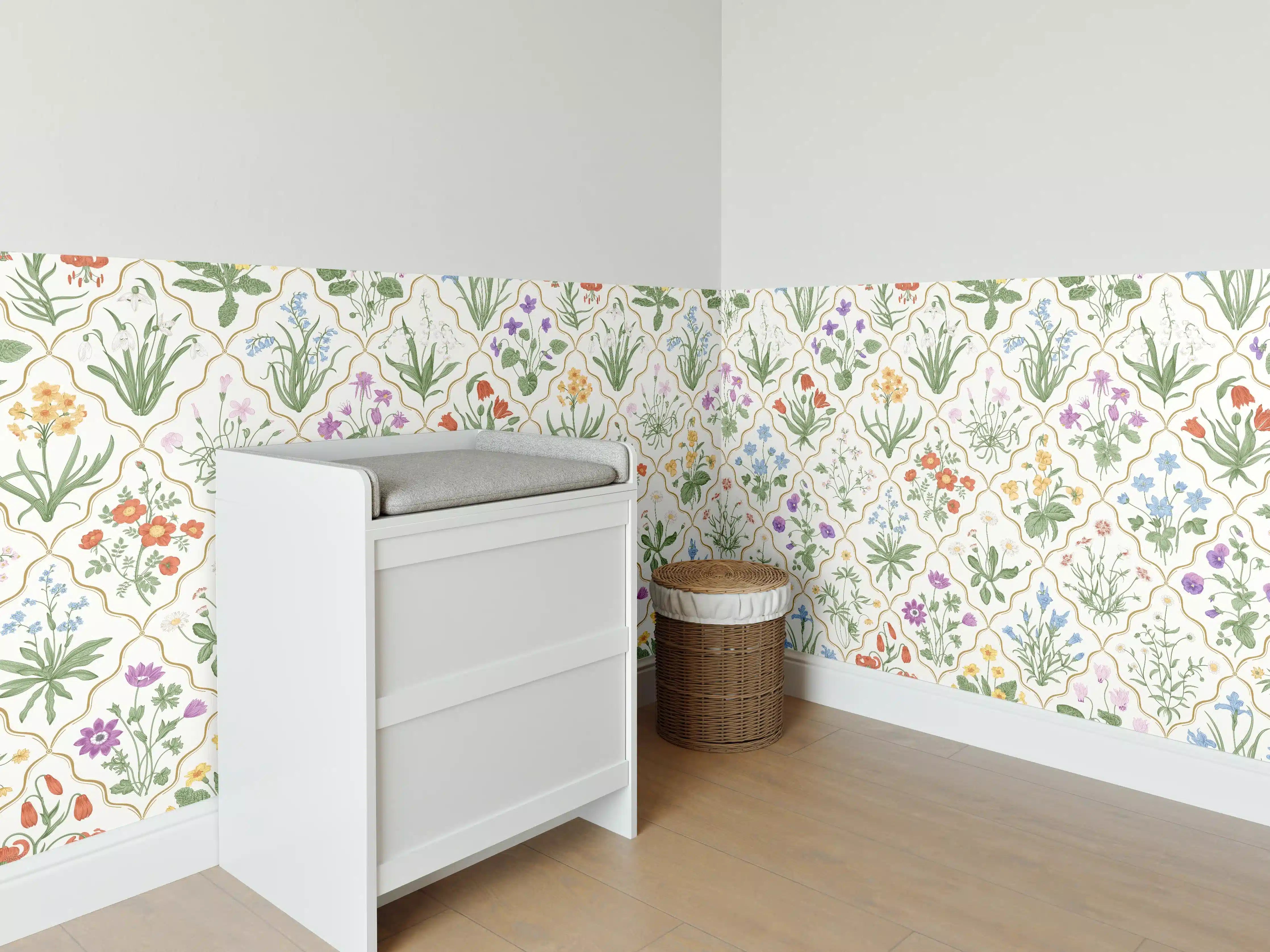 Babyzimmer Wandgestaltung - Vintage Bloom Blumen-Tapete Beige-Grün