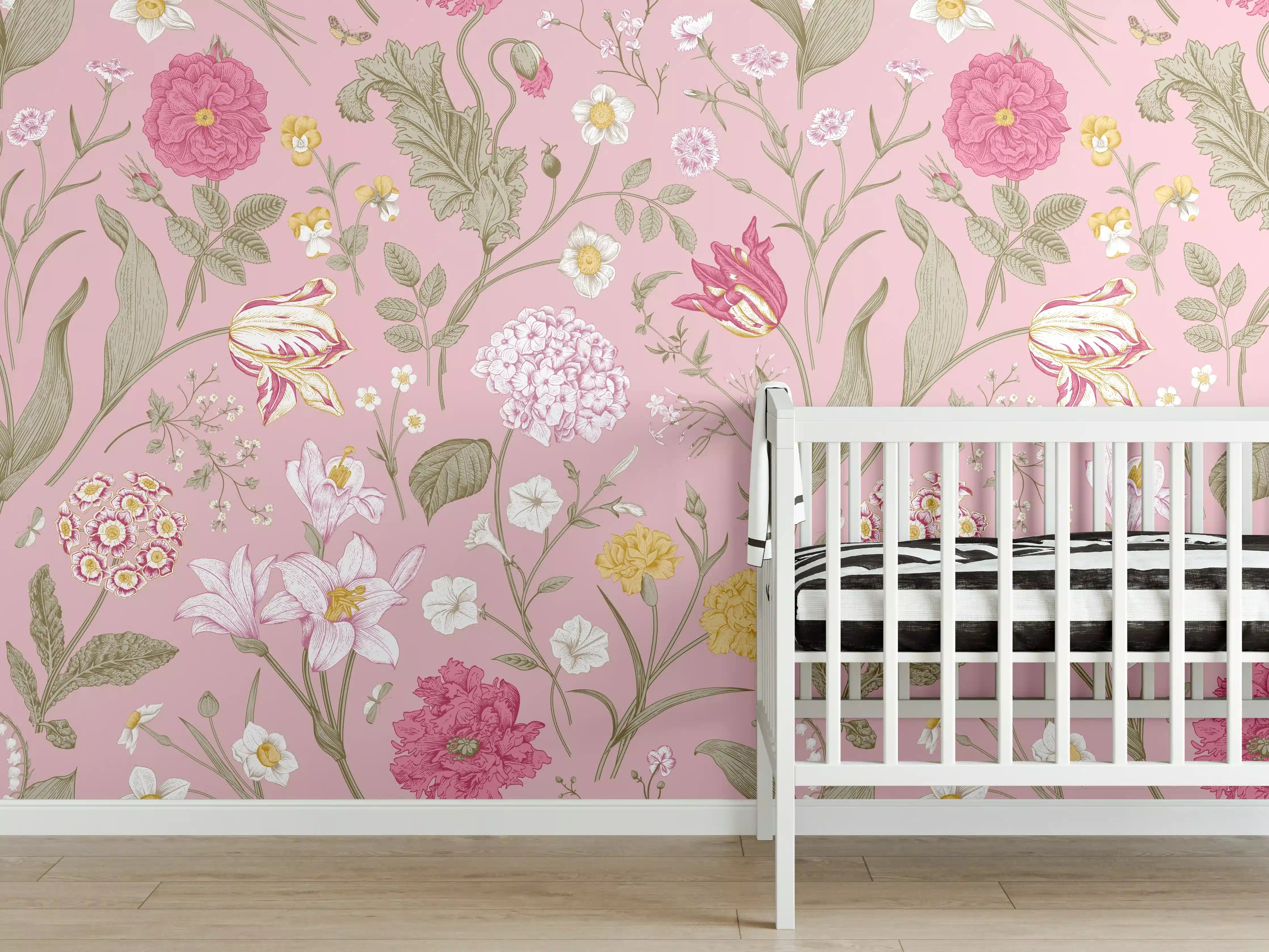 Babyzimmer Wandgestaltung - Vintage Bloom Rosa Blumenmuster