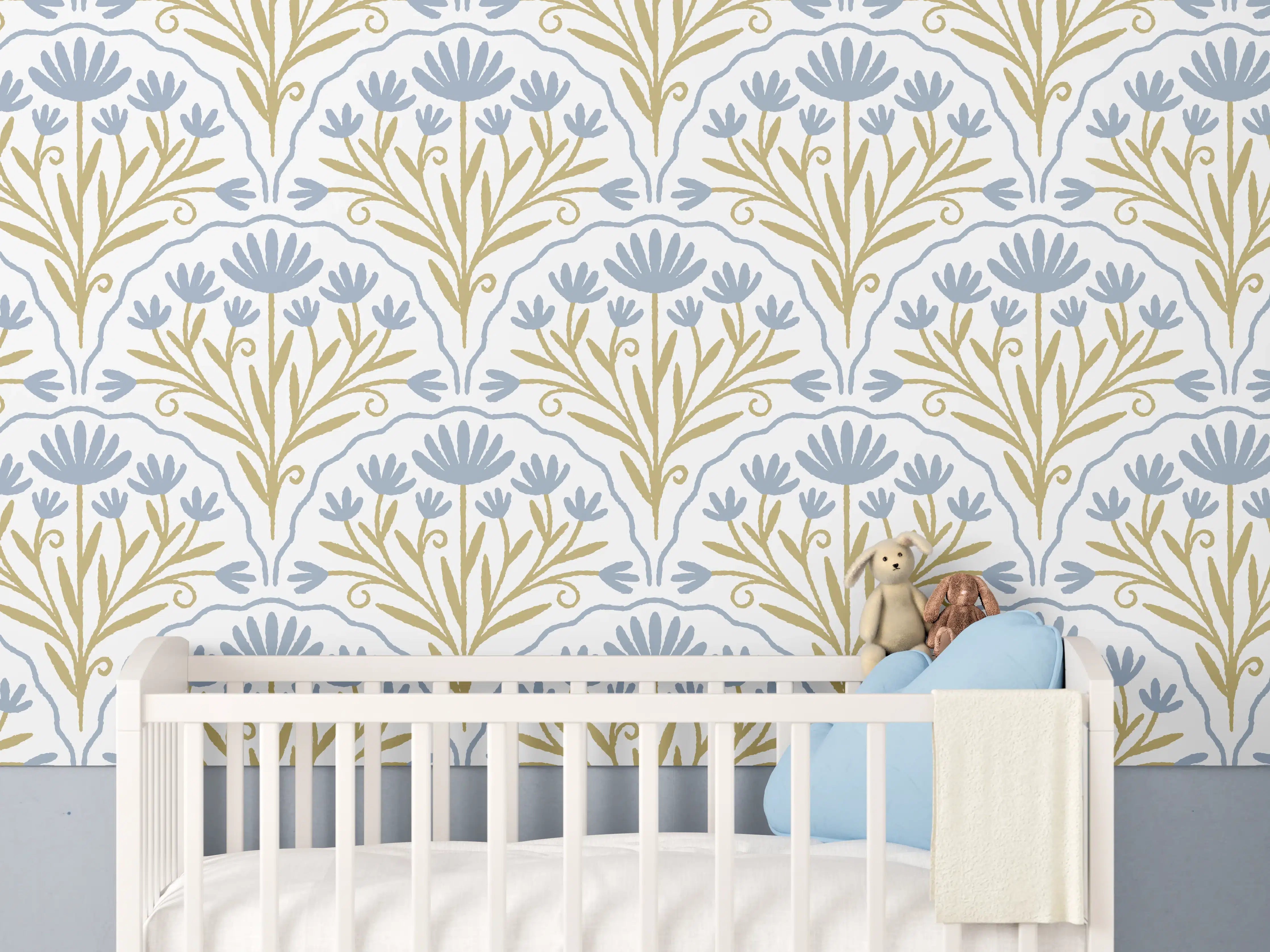 Babyzimmer Wandgestaltung - Vintage Bloom Tapete Blau-Weiß
