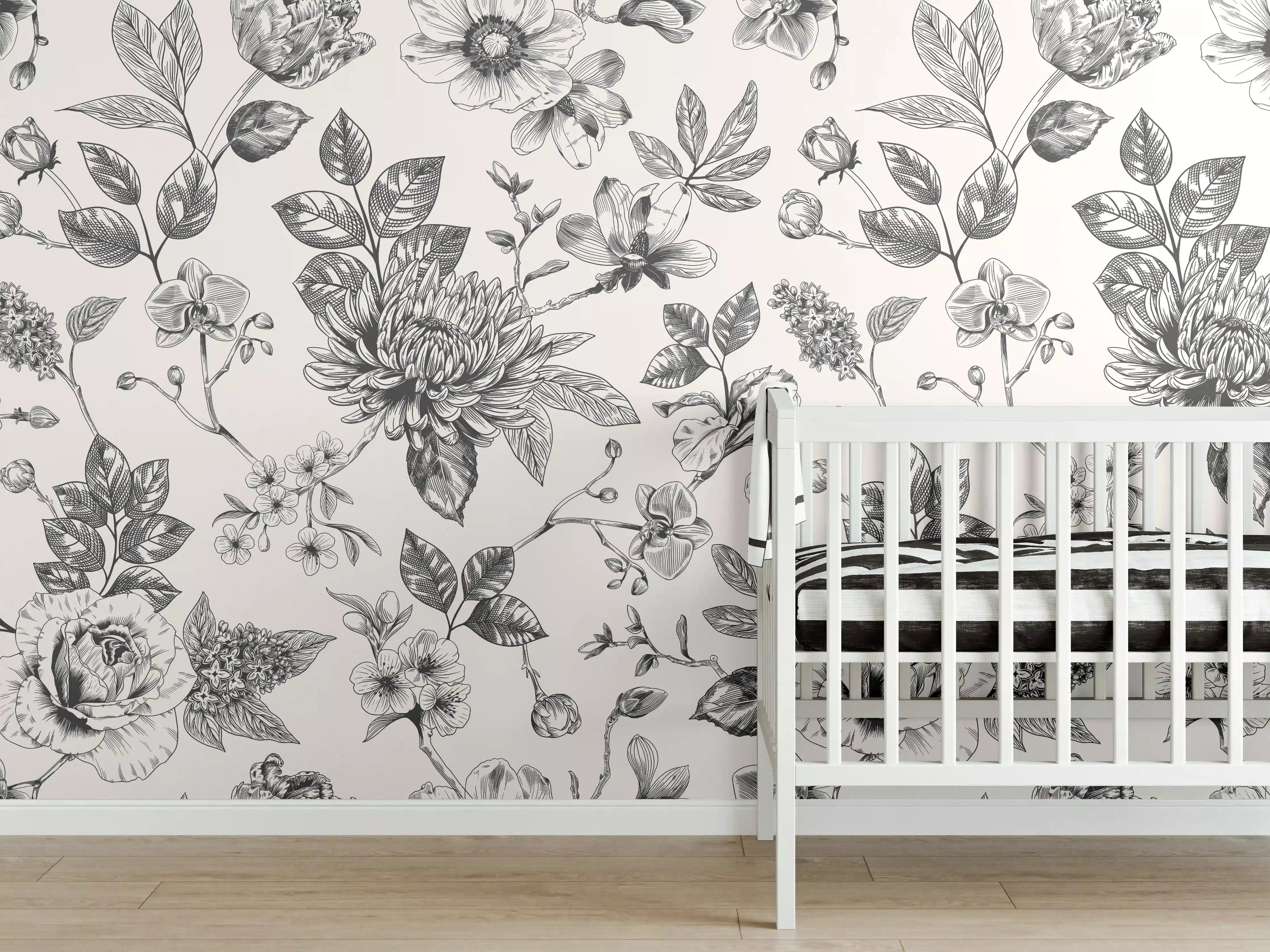 Babyzimmer Wandgestaltung - Vintage-Blumen Schwarz-Weiß