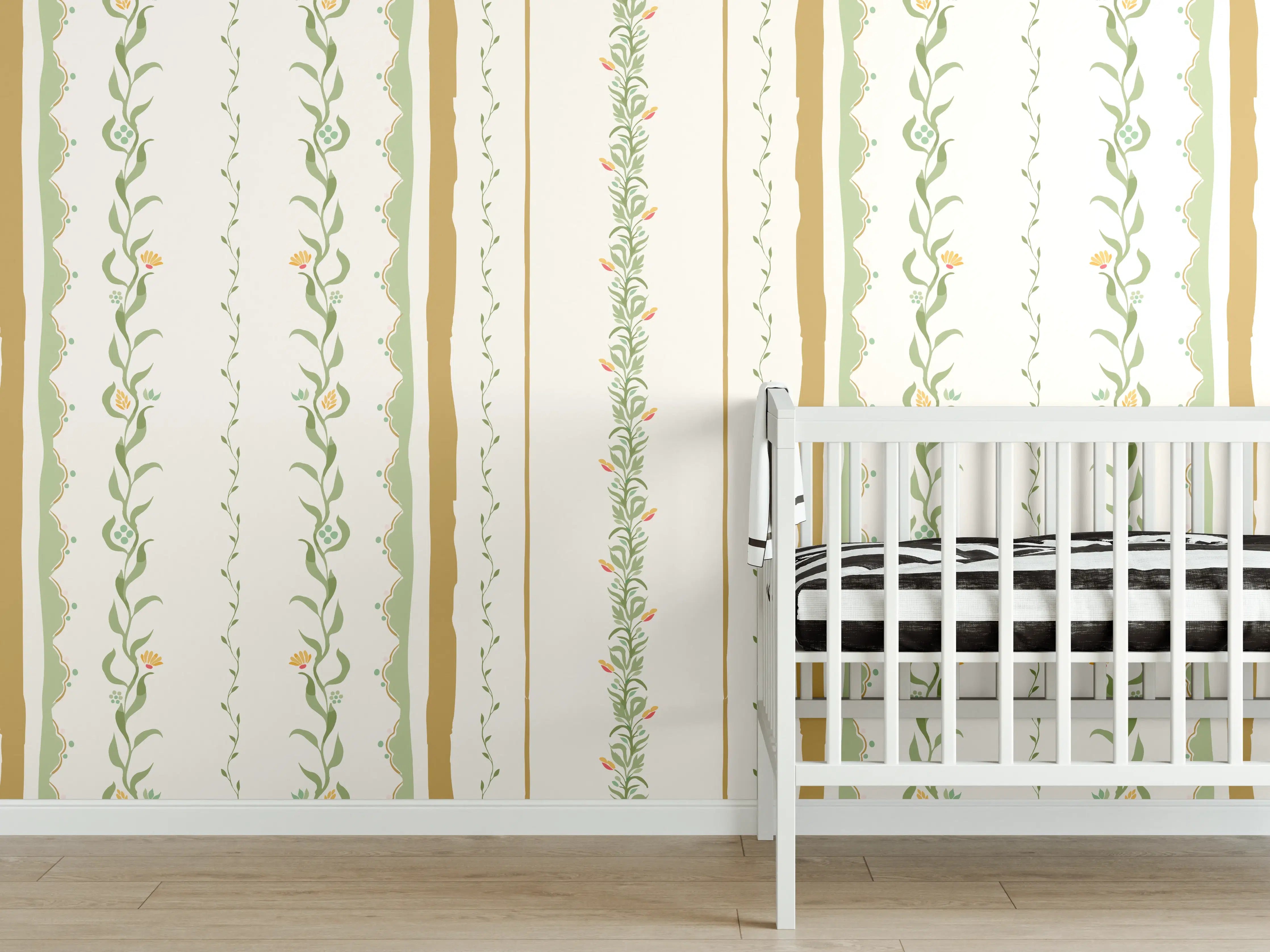 Babyzimmer Wandgestaltung - Vintage-Blumen Tapete Beige-Grün