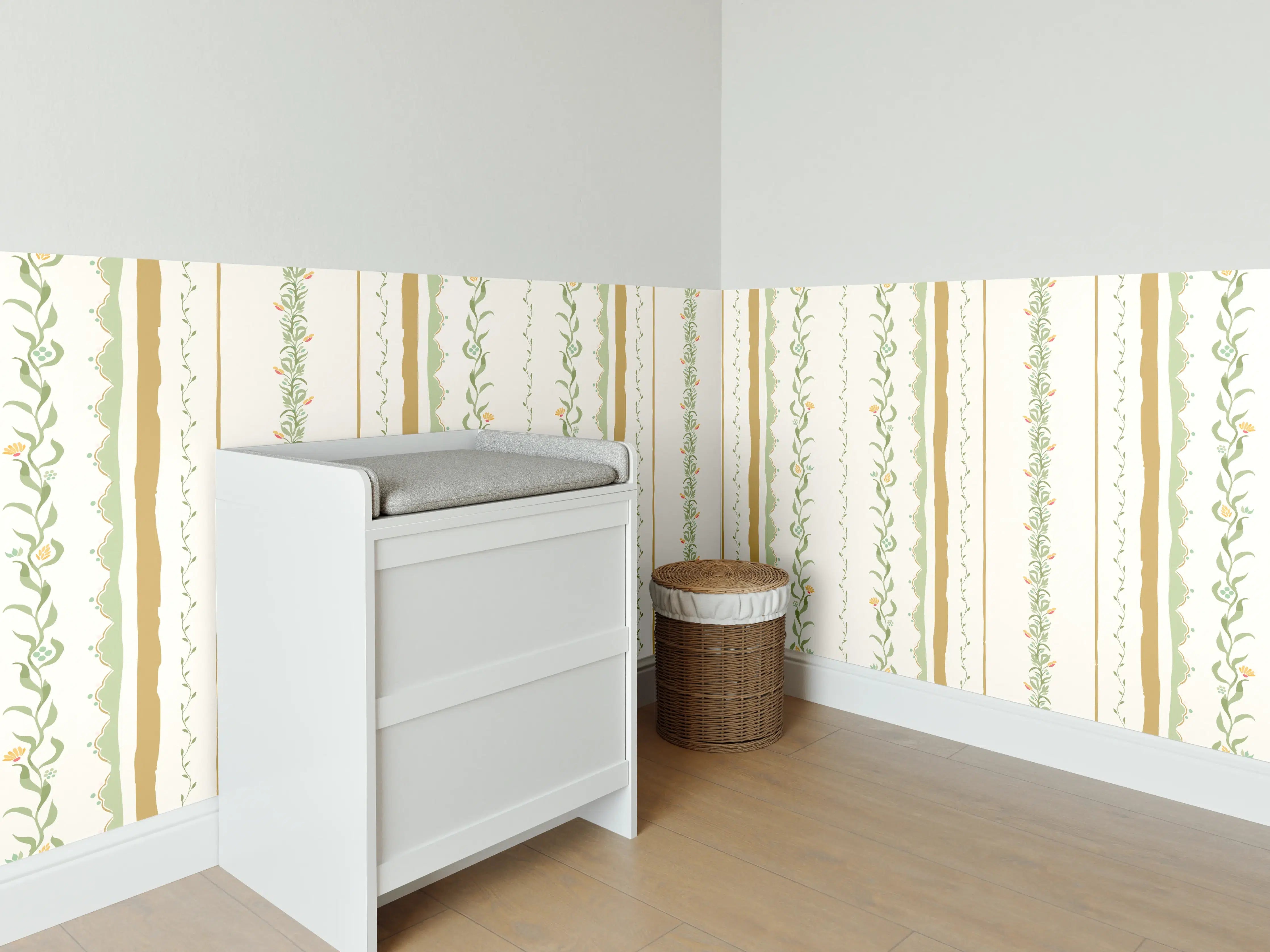 Babyzimmer Wandgestaltung - Vintage-Blumen Tapete Beige-Grün