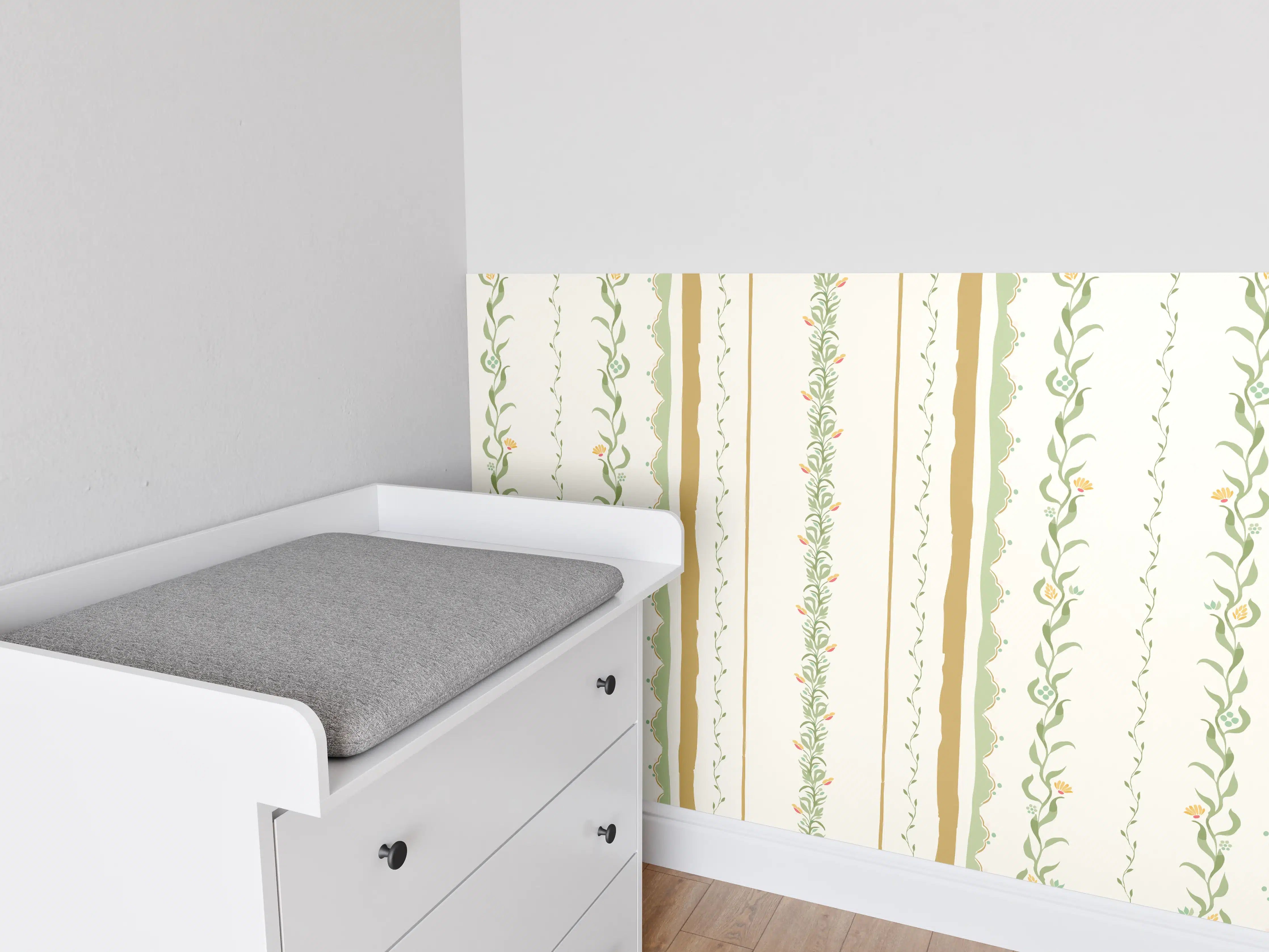 Babyzimmer Wandgestaltung - Vintage-Blumen Tapete Beige-Grün