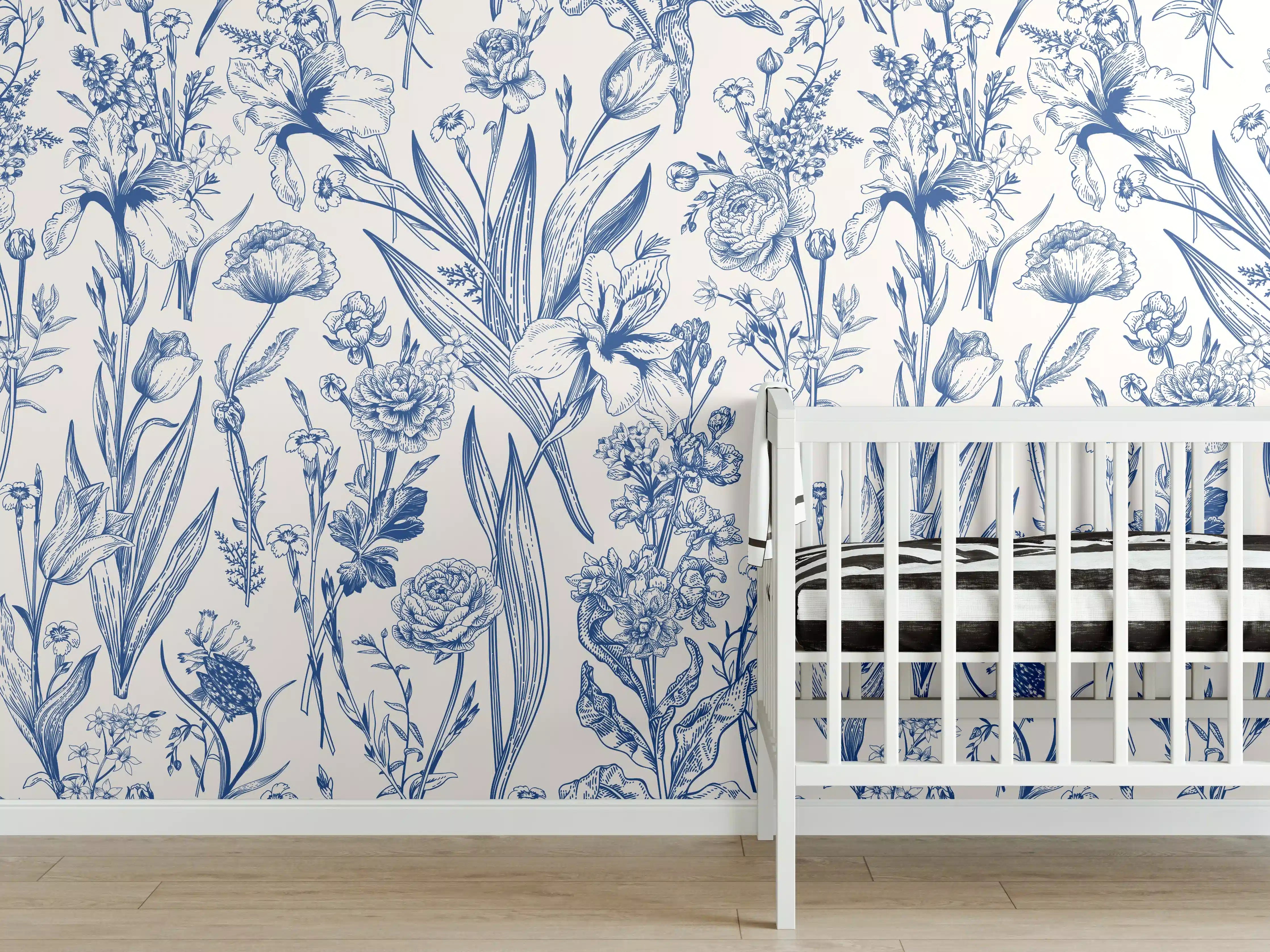 Babyzimmer Wandgestaltung - Vintage-Blumenmuster Azurblau