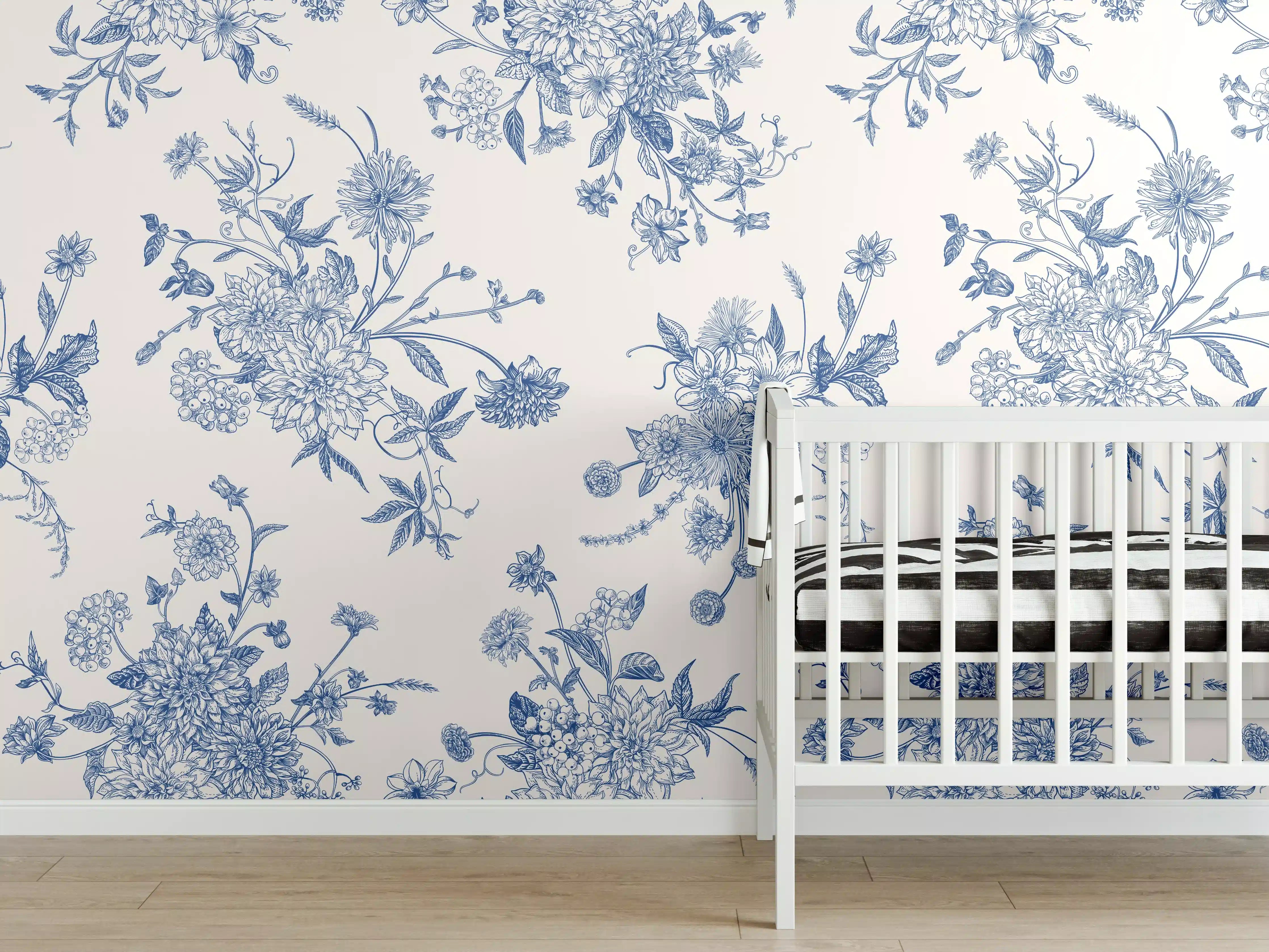 Babyzimmer Wandgestaltung - Vintage-Blumenmuster Blau-Weiß
