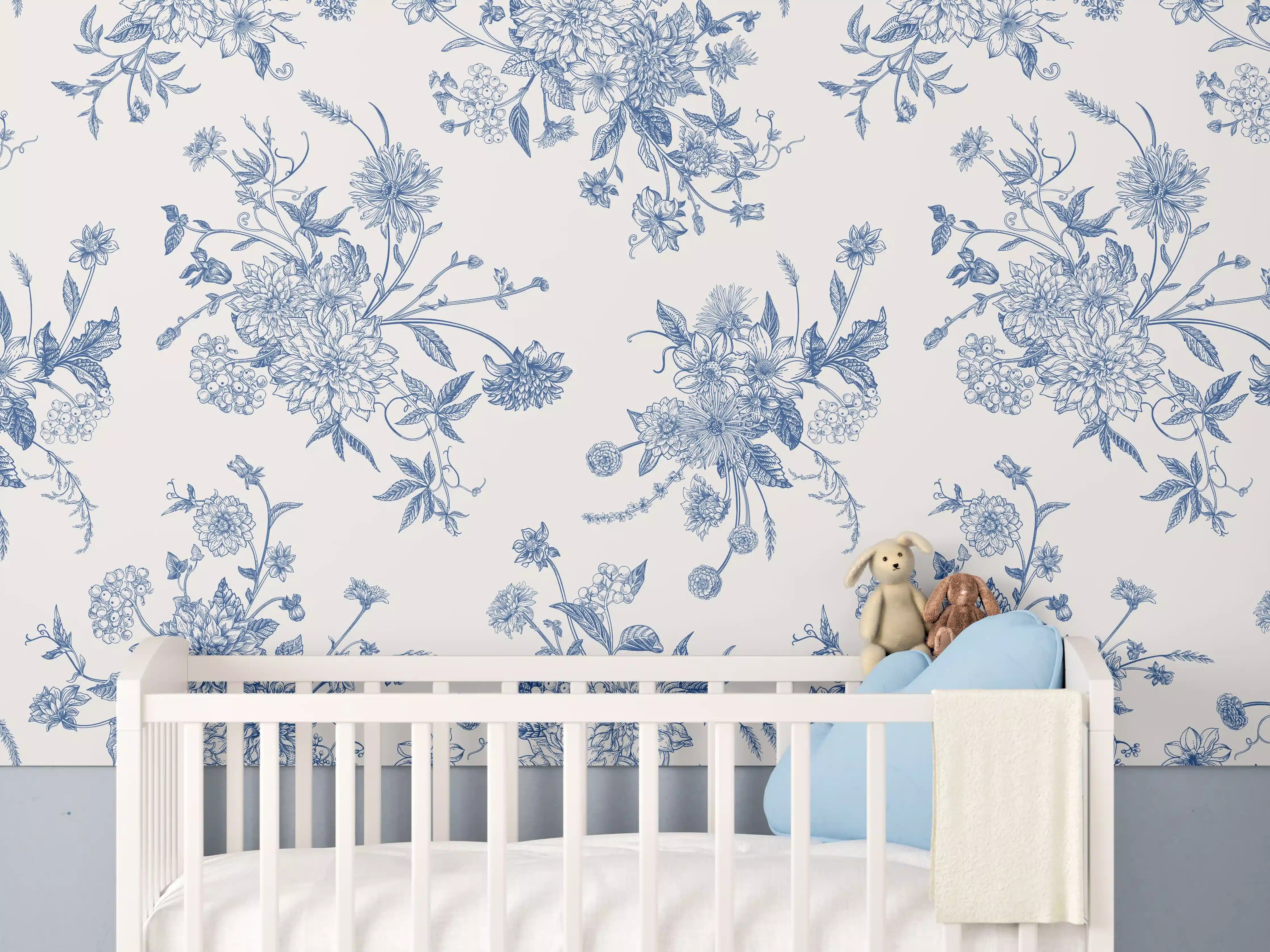 Babyzimmer Wandgestaltung - Vintage-Blumenmuster Blau-Weiß