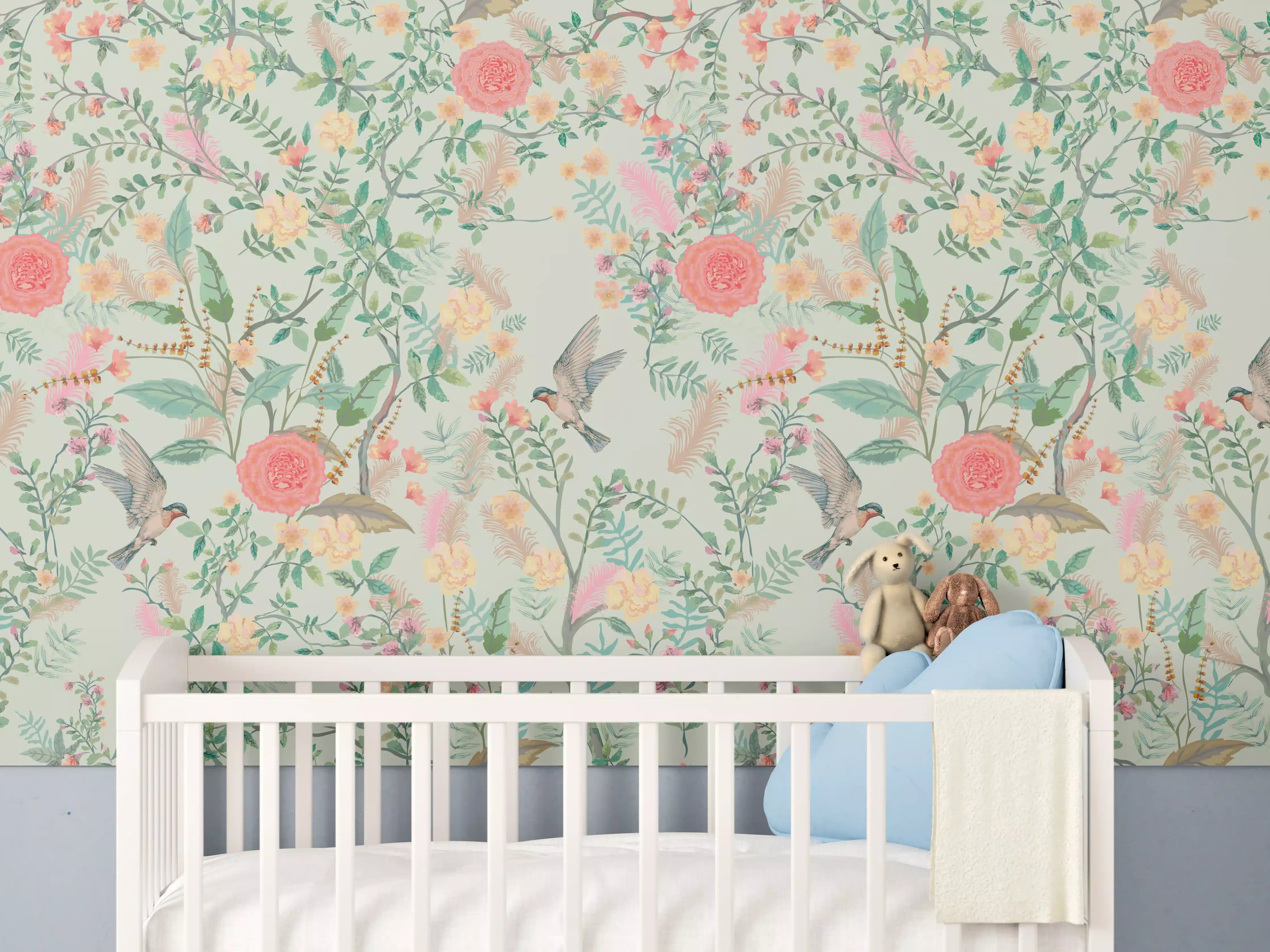 Babyzimmer Wandgestaltung - Vintage-Blumenmuster Grün-Rosa