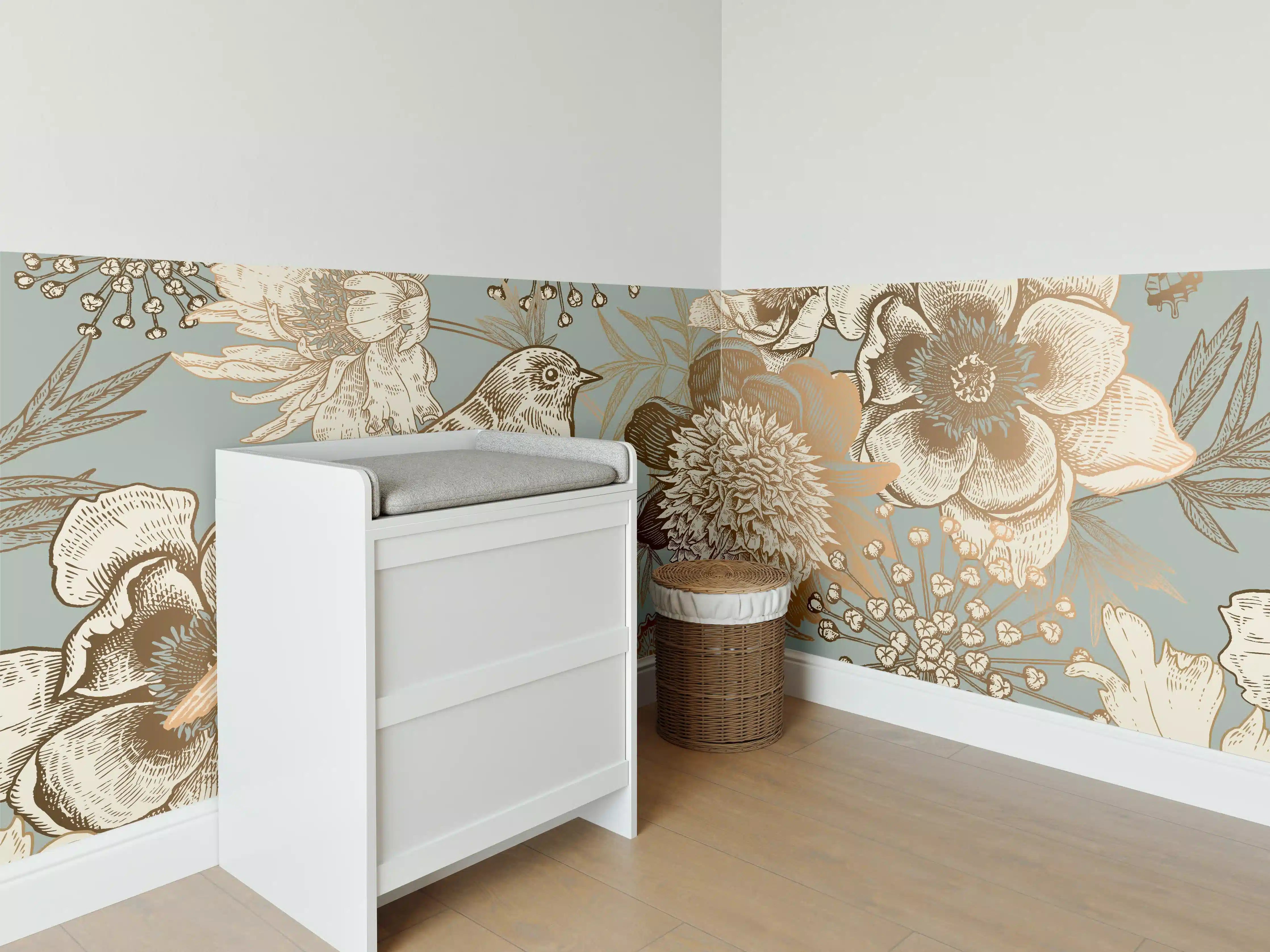 Babyzimmer Wandgestaltung - Vintage Blumenmuster mit Vögeln in gedeckten Tönen
