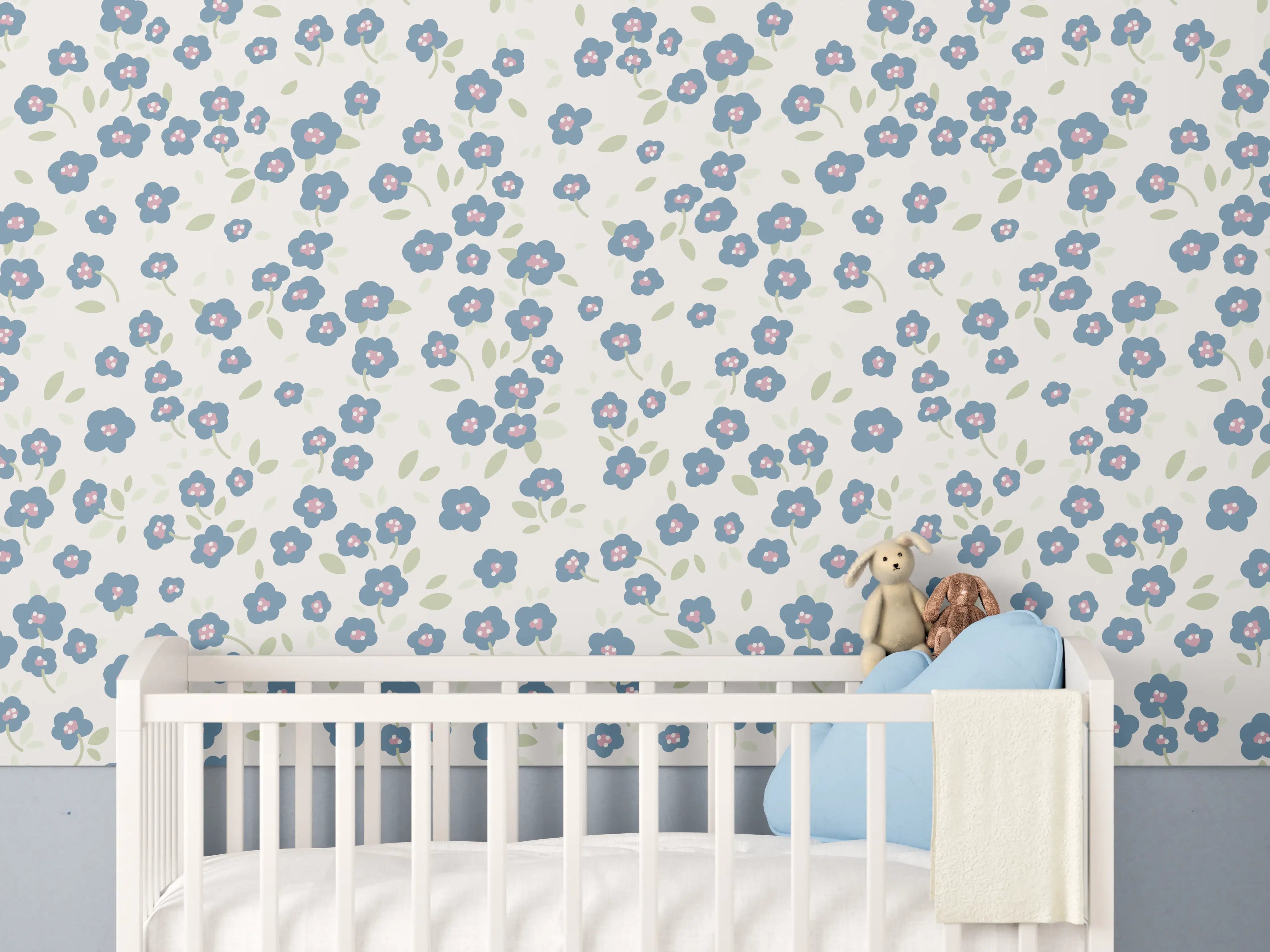Babyzimmer Wandgestaltung - Vintage Ditsy Blumen Blau-Beige