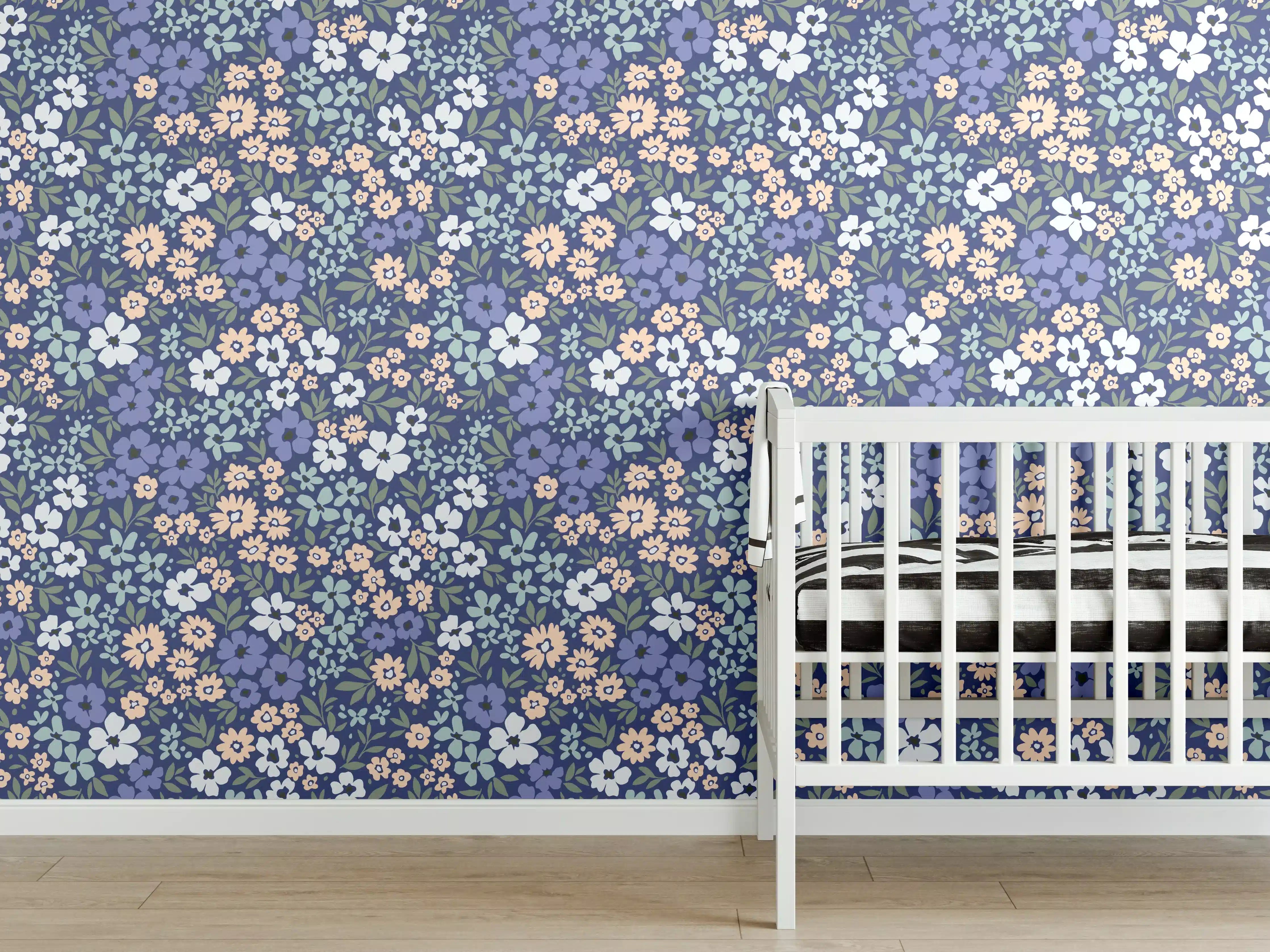 Babyzimmer Wandgestaltung - Vintage Ditsy Blumenmuster Blau