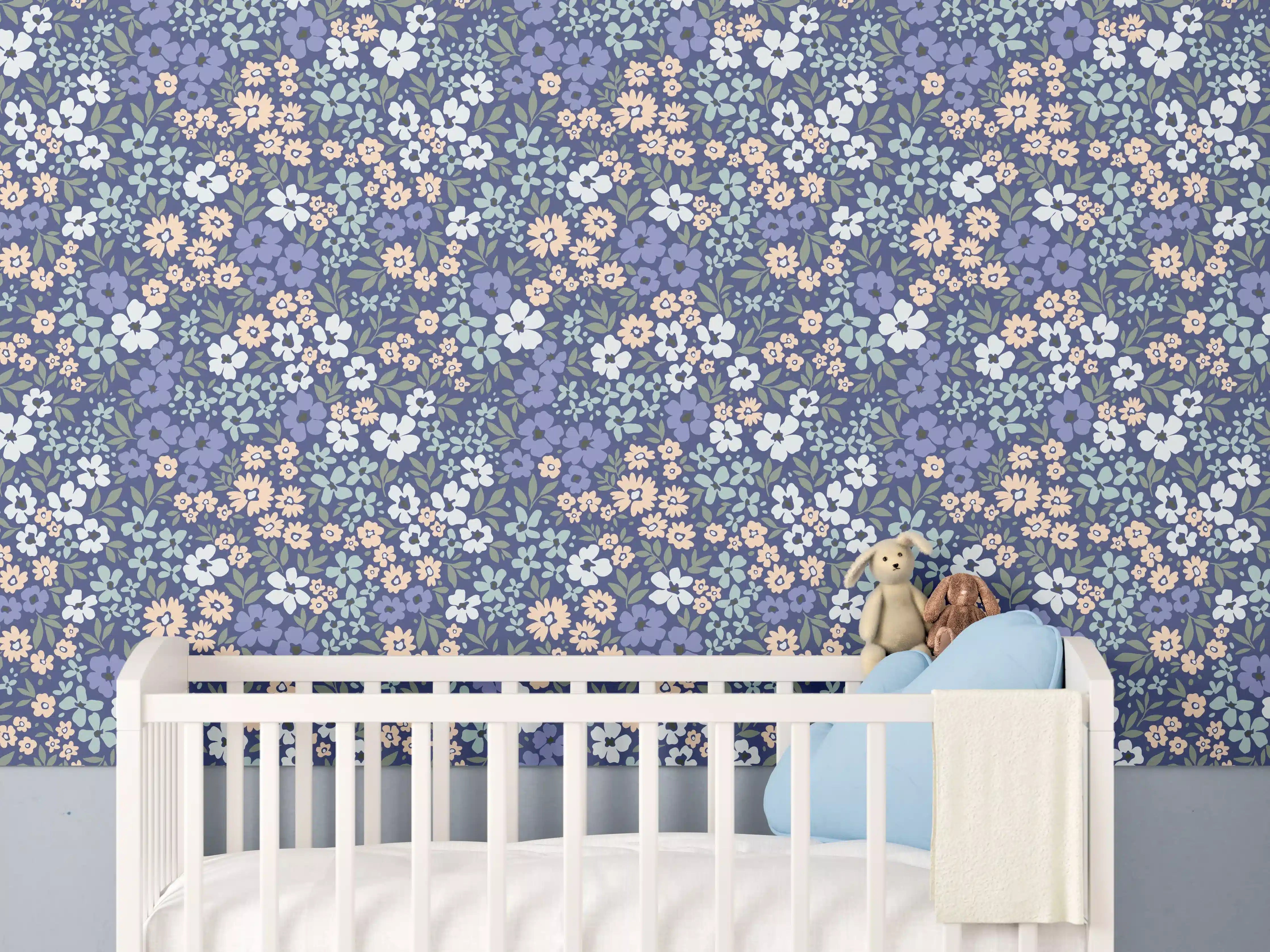 Babyzimmer Wandgestaltung - Vintage Ditsy Blumenmuster Blau