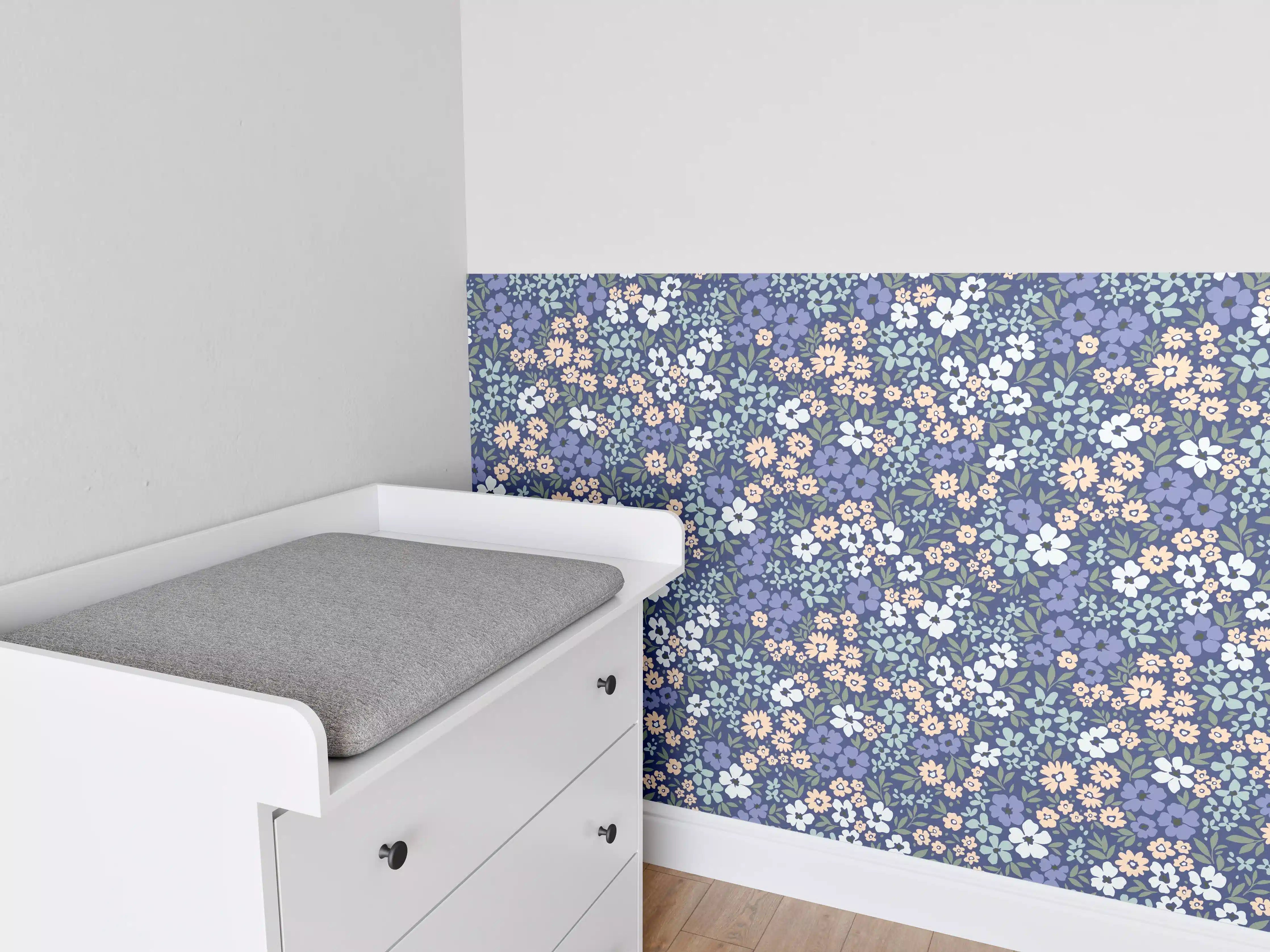 Babyzimmer Wandgestaltung - Vintage Ditsy Blumenmuster Blau