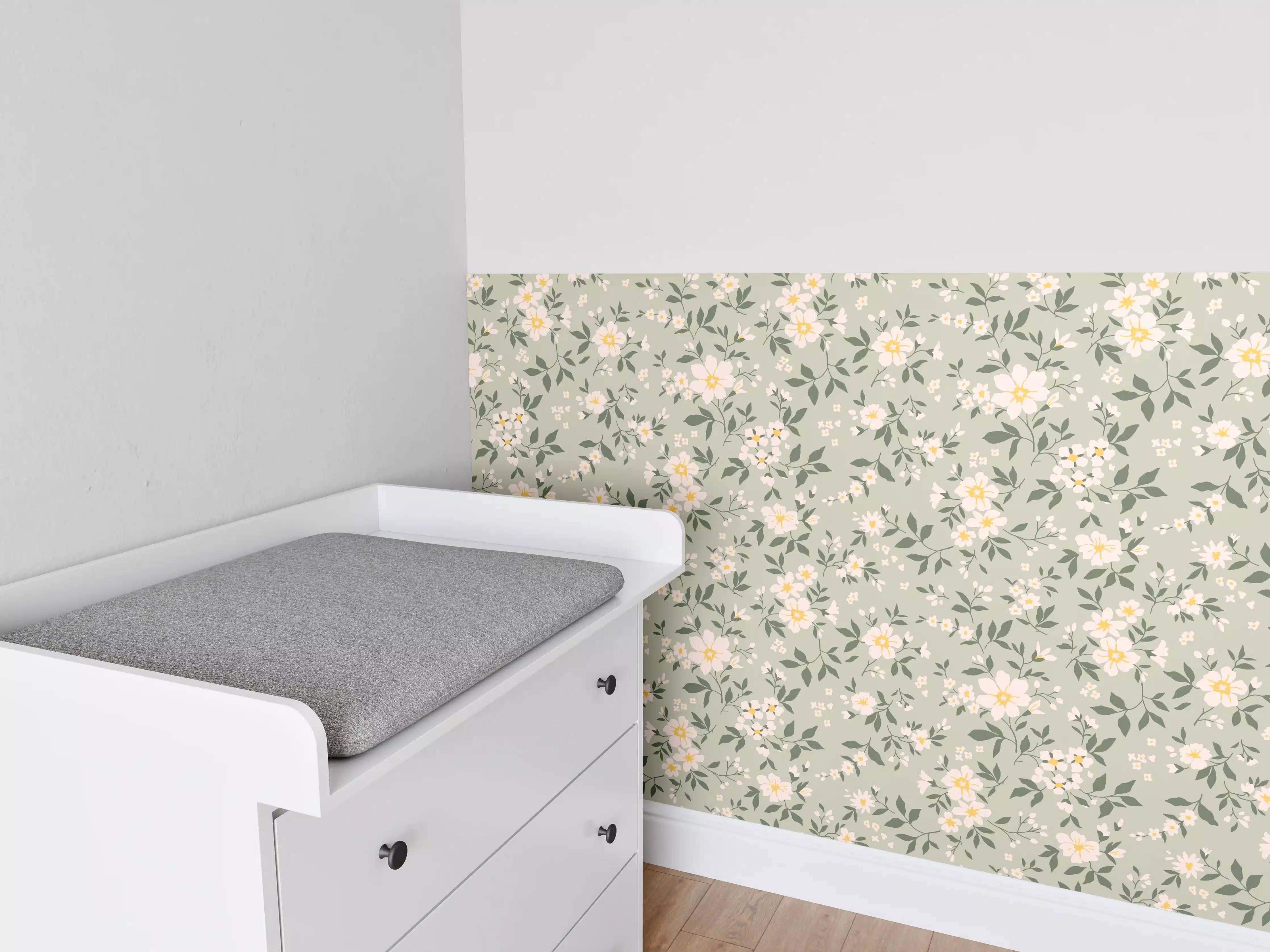 Babyzimmer Wandgestaltung - Vintage Ditsy Blumenmuster Grün-Beige