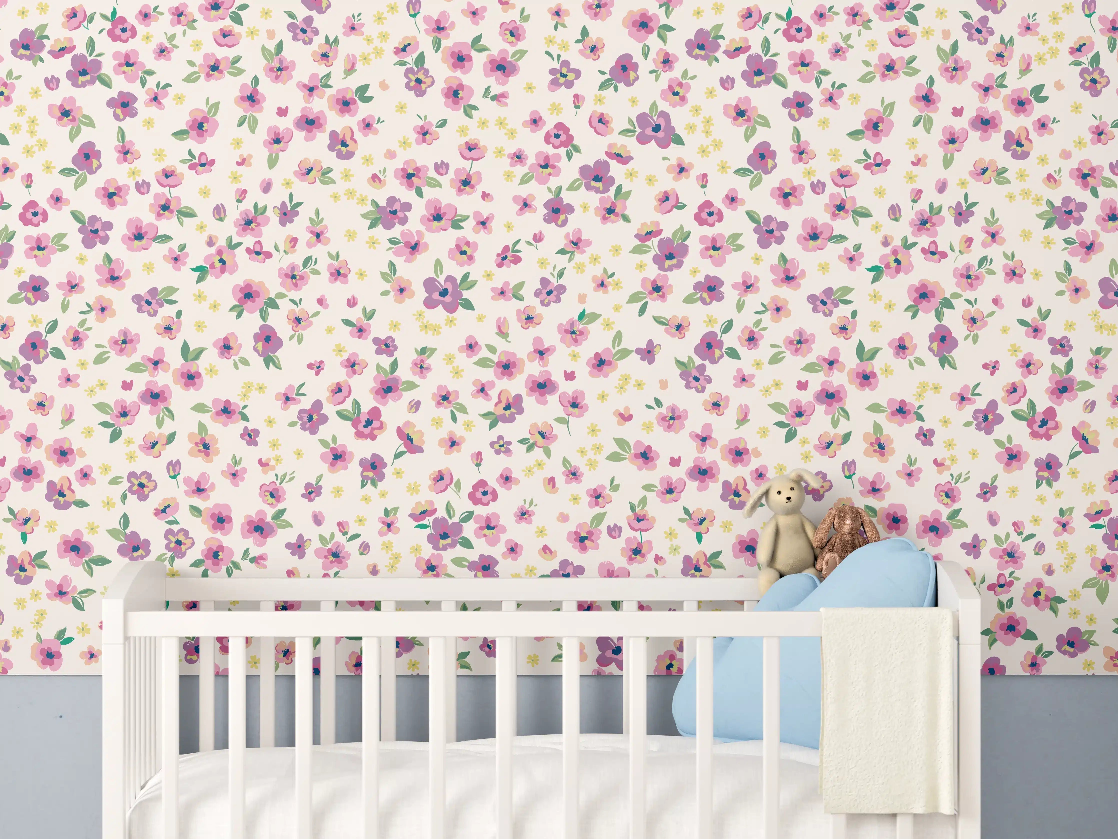 Babyzimmer Wandgestaltung - Vintage Ditsy Blumenmuster Rosa