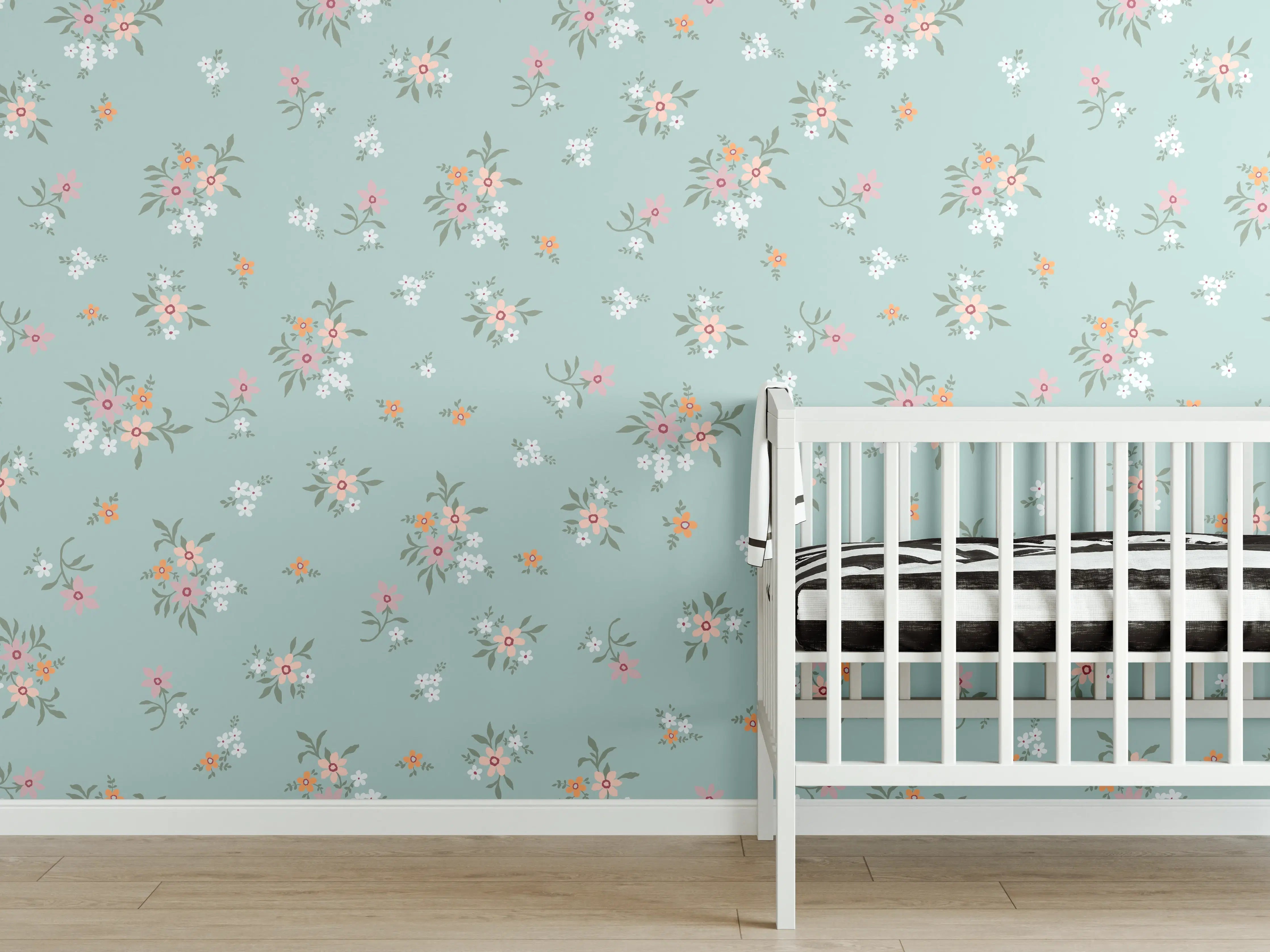 Babyzimmer Wandgestaltung - Vintage Ditsy Blumenmuster Türkis
