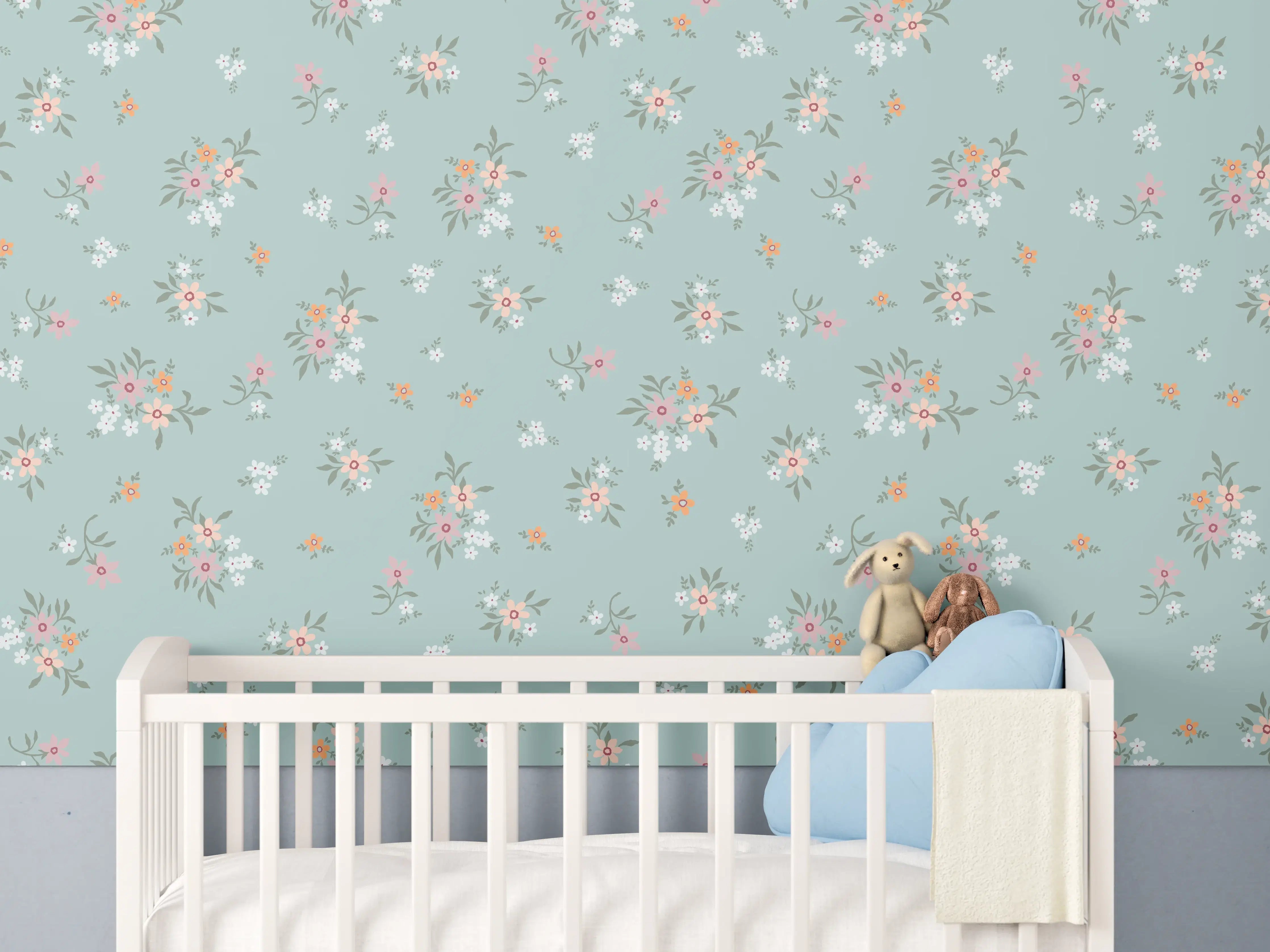 Babyzimmer Wandgestaltung - Vintage Ditsy Blumenmuster Türkis