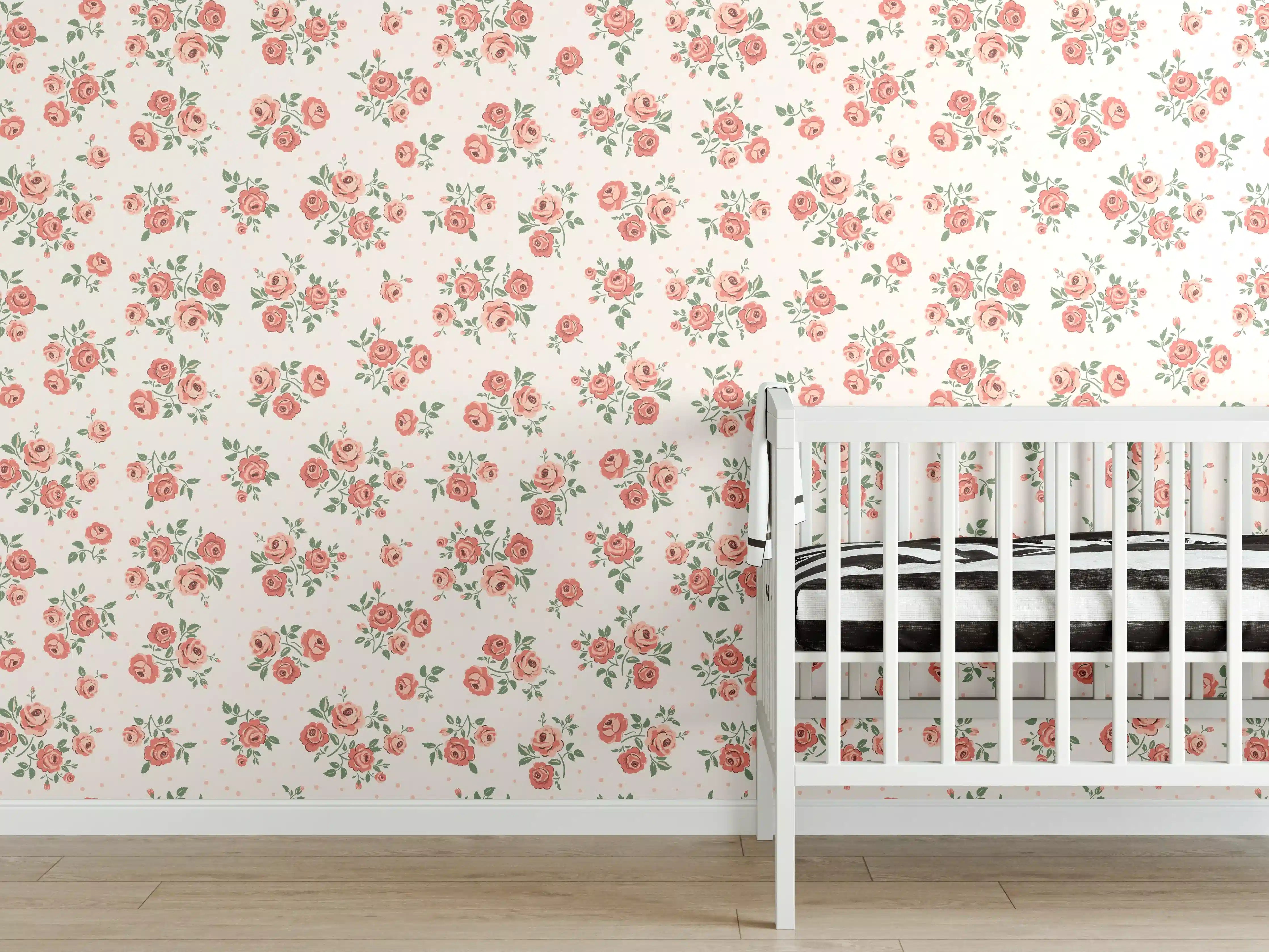 Babyzimmer Wandgestaltung - Vintage Ditsy Rosenmuster Rosa-Beige
