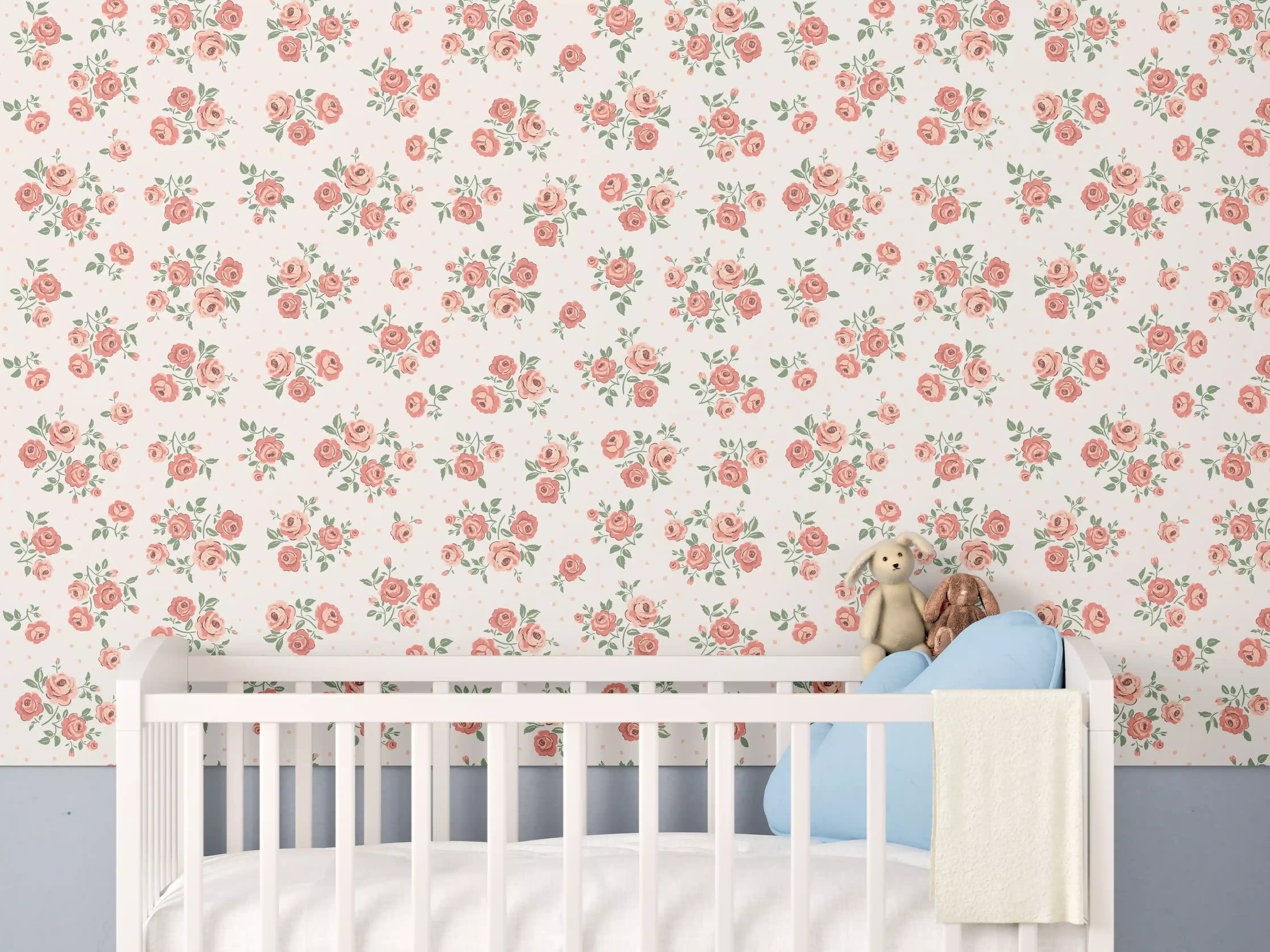 Babyzimmer Wandgestaltung - Vintage Ditsy Rosenmuster Rosa-Beige